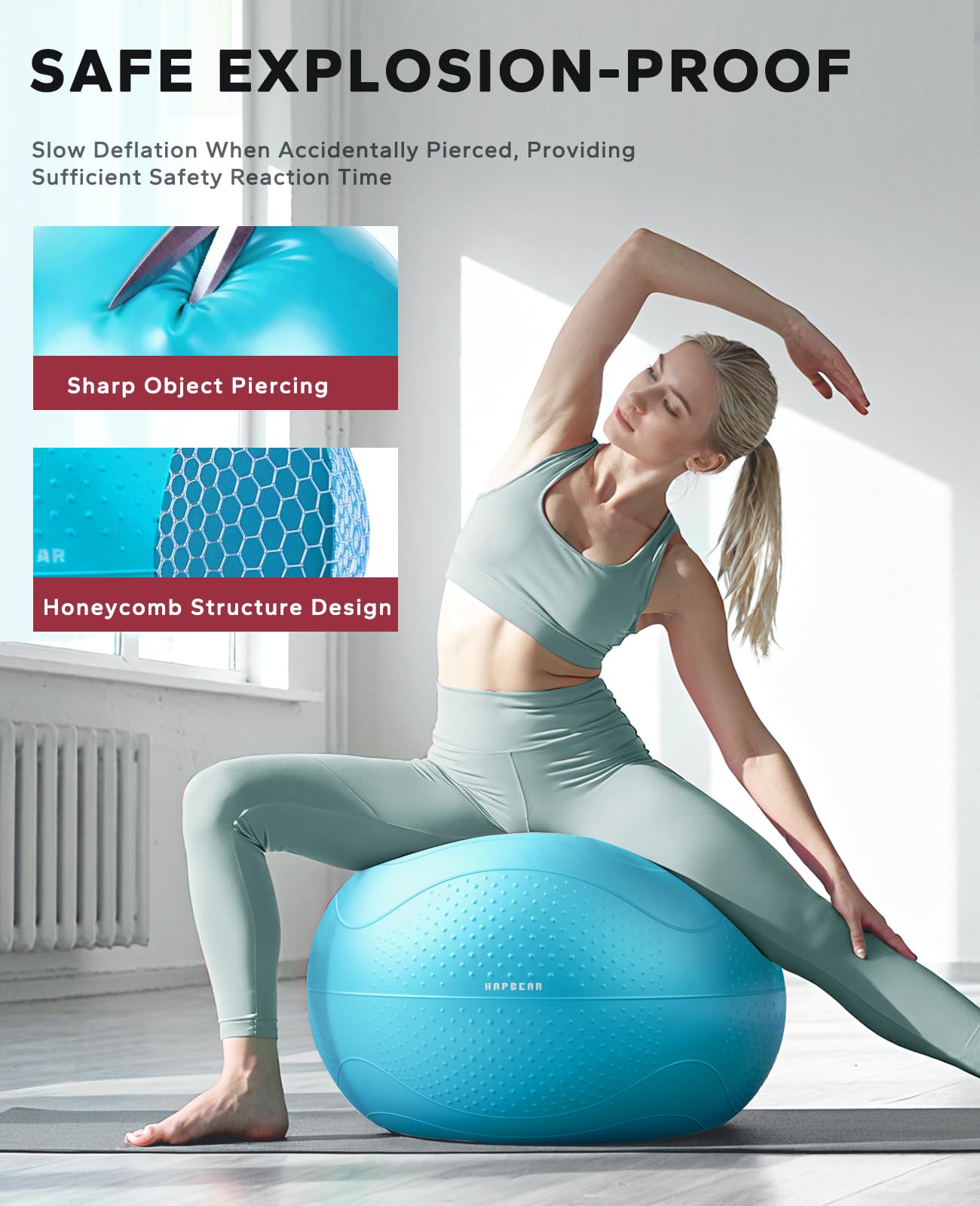 HAPBEAR Exercise Ball - Anti-Burst Slip-Resistant Yoga/Pilates Ball for Core Training & Posture Improvement, Home Gym/Rehab/Pregnancy Ball, Quick Pump & 3 Resistance Bands Included