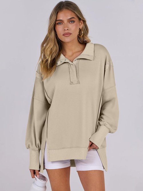 ANRABESS Women's Oversized Sweatshirt - Casual Button-Up Henley Pullover Top in High-Low Design