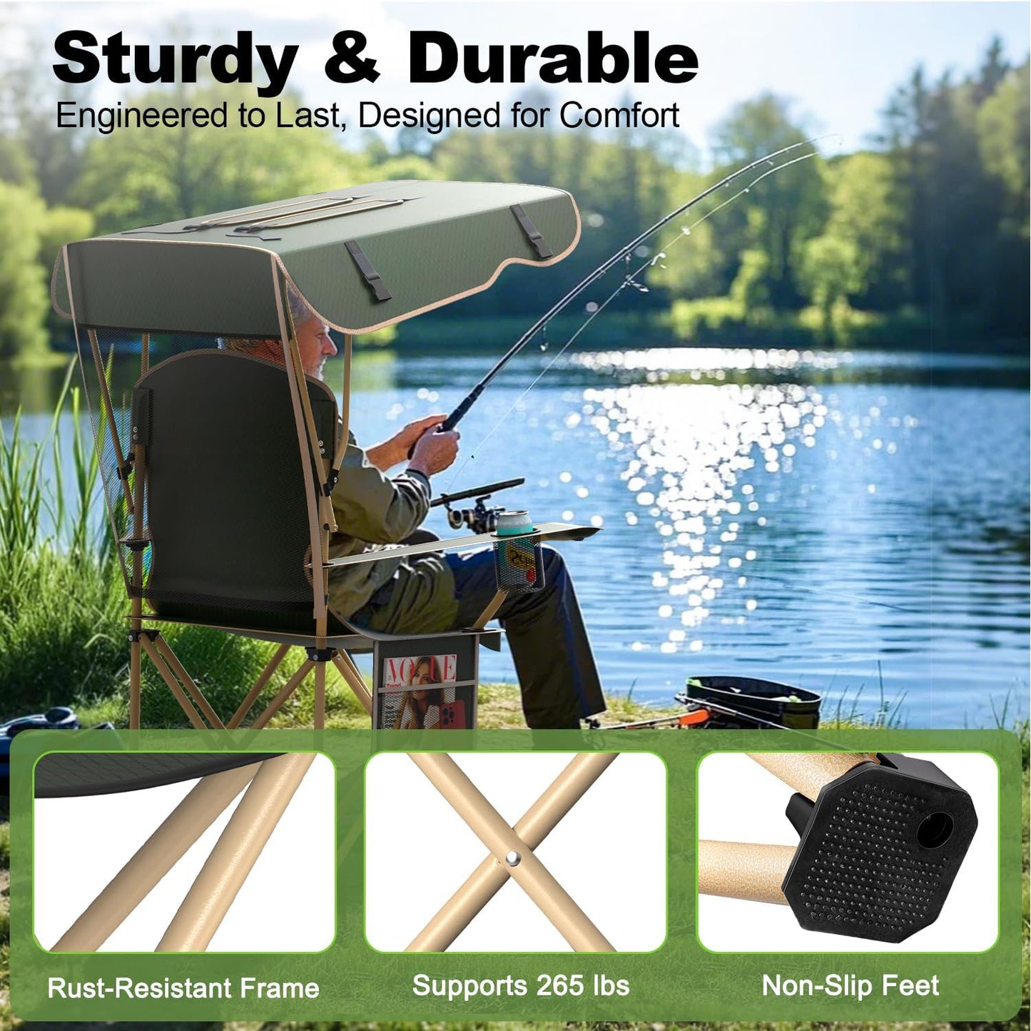 VTOY Portable Camping Chair - Durable 600D Oxford Folding Chair with Canopy for Outdoor Activities