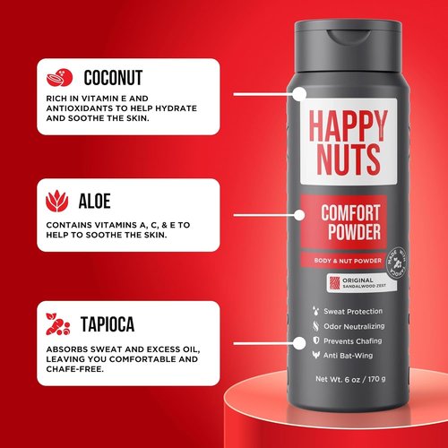 Happy Nuts Comfort Powder Deodorant for Men - Aluminum-Free Anti-Chafing & Odor Control, 6 oz, Original Scent