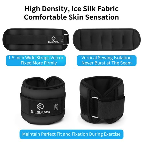 ELEAMY Ankle Weights for Women & Men - 1lb/2lb/3lb Pairs for Walking, Running, Yoga, Fitness - Premium Ice Silk Fabric - Comfortable, Durable & Tear Resistant - Black (2.0lb*2)