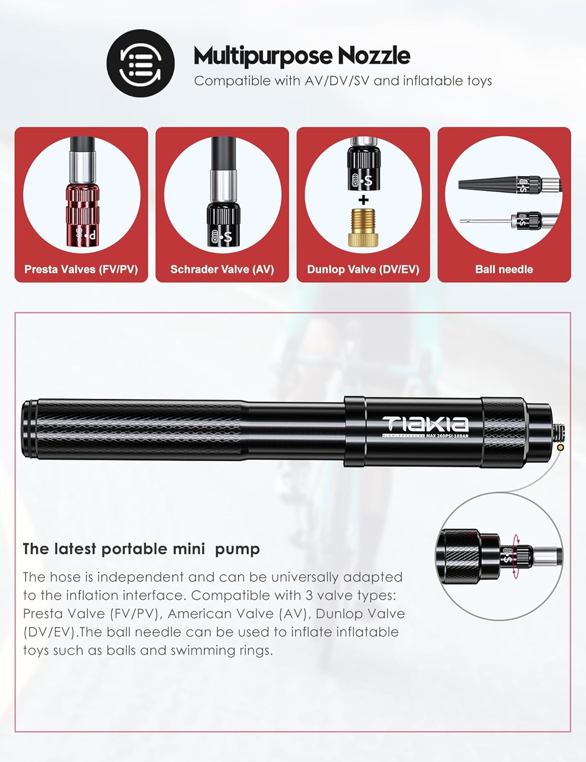 Tiakia Mini Bike Pump - Portable 260PSI High Pressure Frame Pump for Presta & Schrader Valves | Aluminum Alloy Tire Pump for Road & Mountain Bikes
