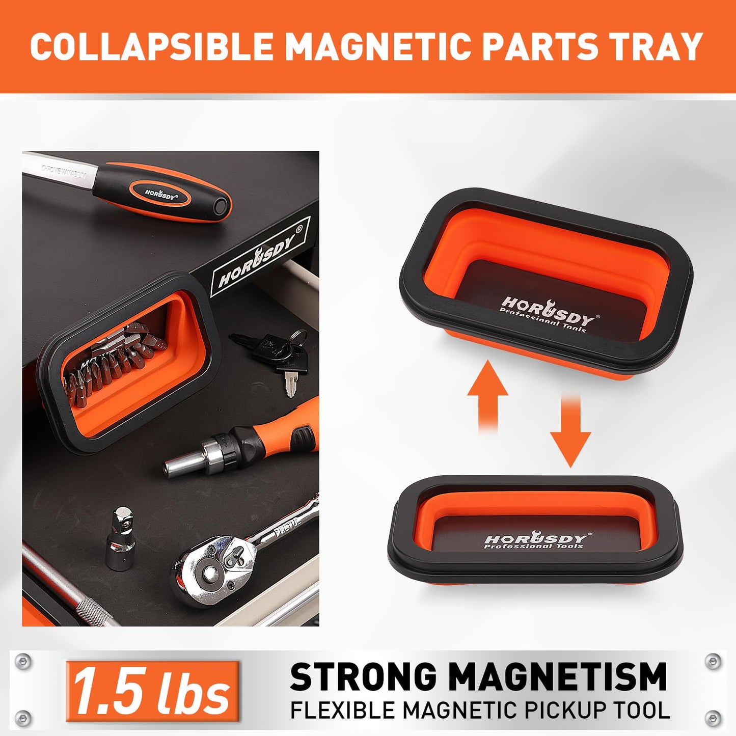 HORUSDY 4 - PIECE Magnetic Pickup Tools Kit | Extendable Telescoping Magnet Pick Up Tool Set 7-30.5” & 5-25” | Bend-It Flexible Magnetic Sweeper | Collapsible Parts Tray for Garage Workshop Yard