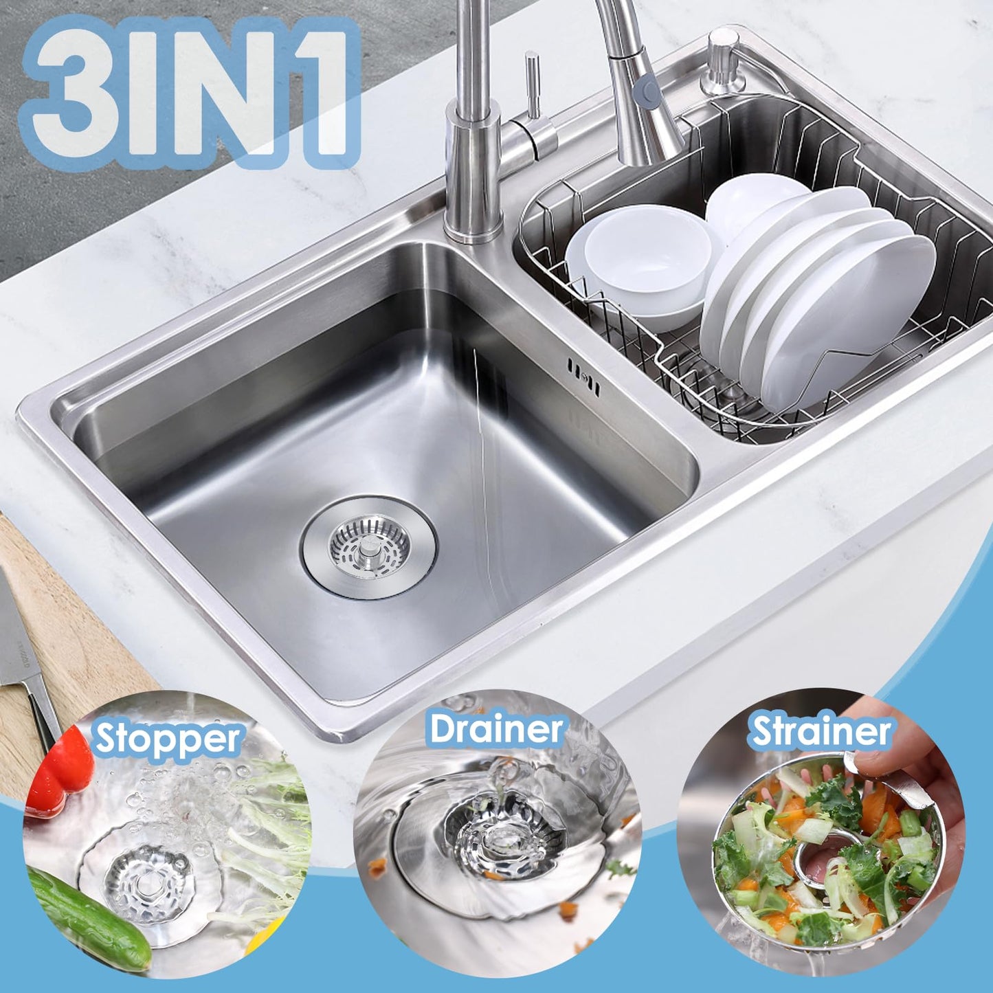 Semour 3 in 1 Kitchen Sink Drain Strainer, 304 Stainless Steel Kitchen Sink Stopper, Pop Up Kitchen Sink Strainer, Fast Drainage Anti-Clogging Sink Plug for US Standard 3-1/2 Inch Drain