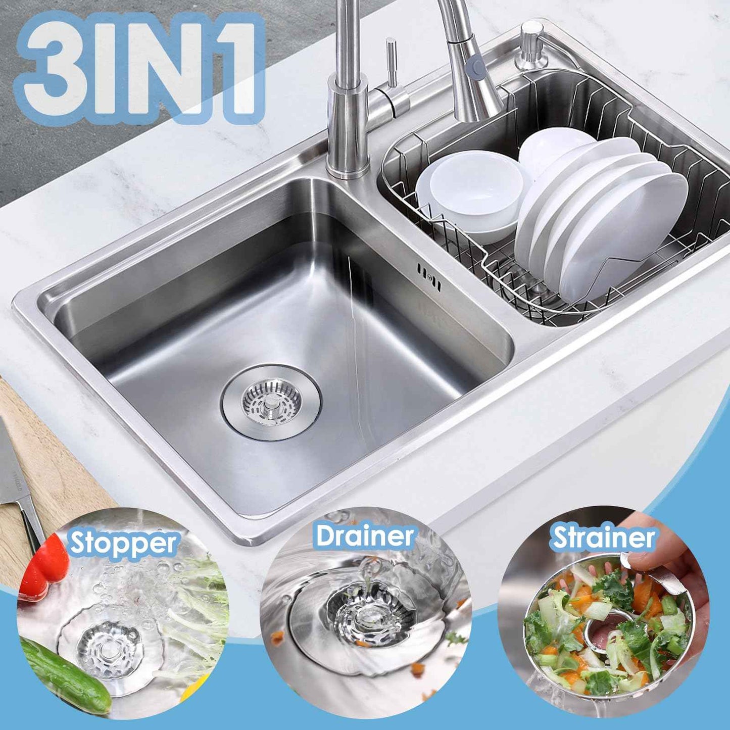 Semour 3 in 1 Kitchen Sink Drain Strainer, 304 Stainless Steel Kitchen Sink Stopper, Pop Up Kitchen Sink Strainer, Fast Drainage Anti-Clogging Sink Plug for US Standard 3-1/2 Inch Drain(2Pack)