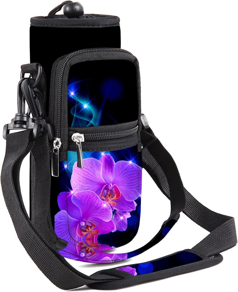RICHEN Neoprene Water Bottle Carrier Bag 25/32/40/64 oz, Bottle Pouch Holder with Adjustable Padded Shoulder & Handle Strap and Front Pockets for Hiking Travelling Camping (Phalaenopsis, 25oz)