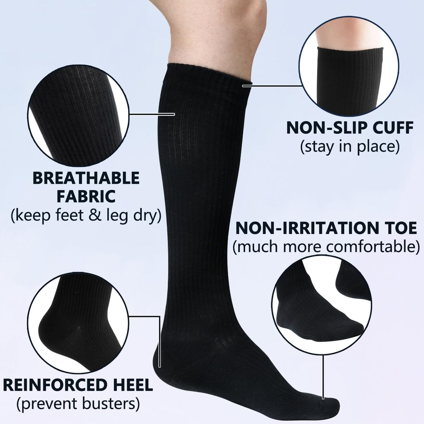 +MD Cotton Compression Socks for Women & Men 6 Pairs 15-20mmHg Knee High for Sports, Travel, Nursing, Long Sitting Standing 6Black 10-13