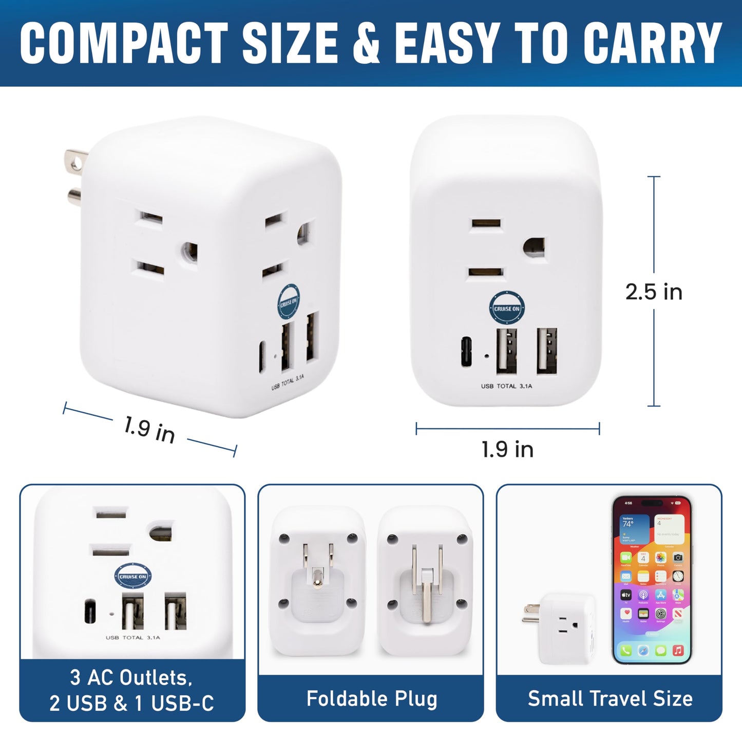 Cruise Approved Power Strip Foldable, Non Surge Protector Travel Power Strip, Multi Plug, 6 Outlets, 2 USB-A, 1 USB-C, & 3 AC Outlet for Carnival, Celebrity, Princess, & Major Lines in 2025 & 2026