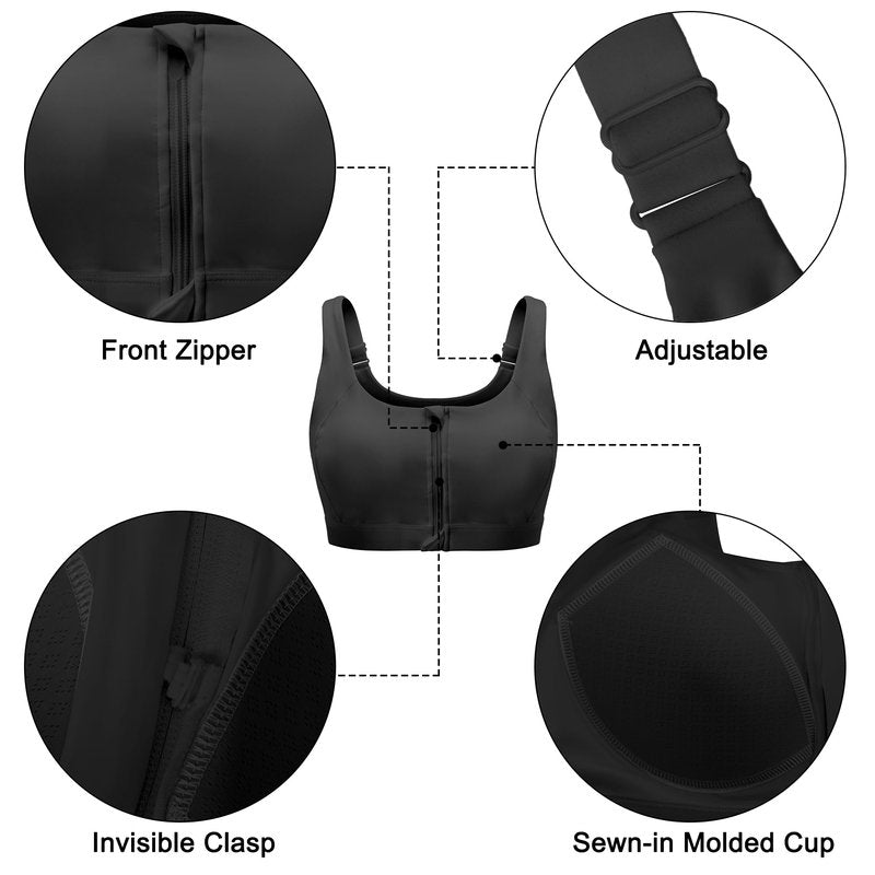 Vorcy Front Zipper Sports Bras Adjustable High Impact Sports Bras U Back High Support Yoga Bra with for Yoga & Gym Workouts Black