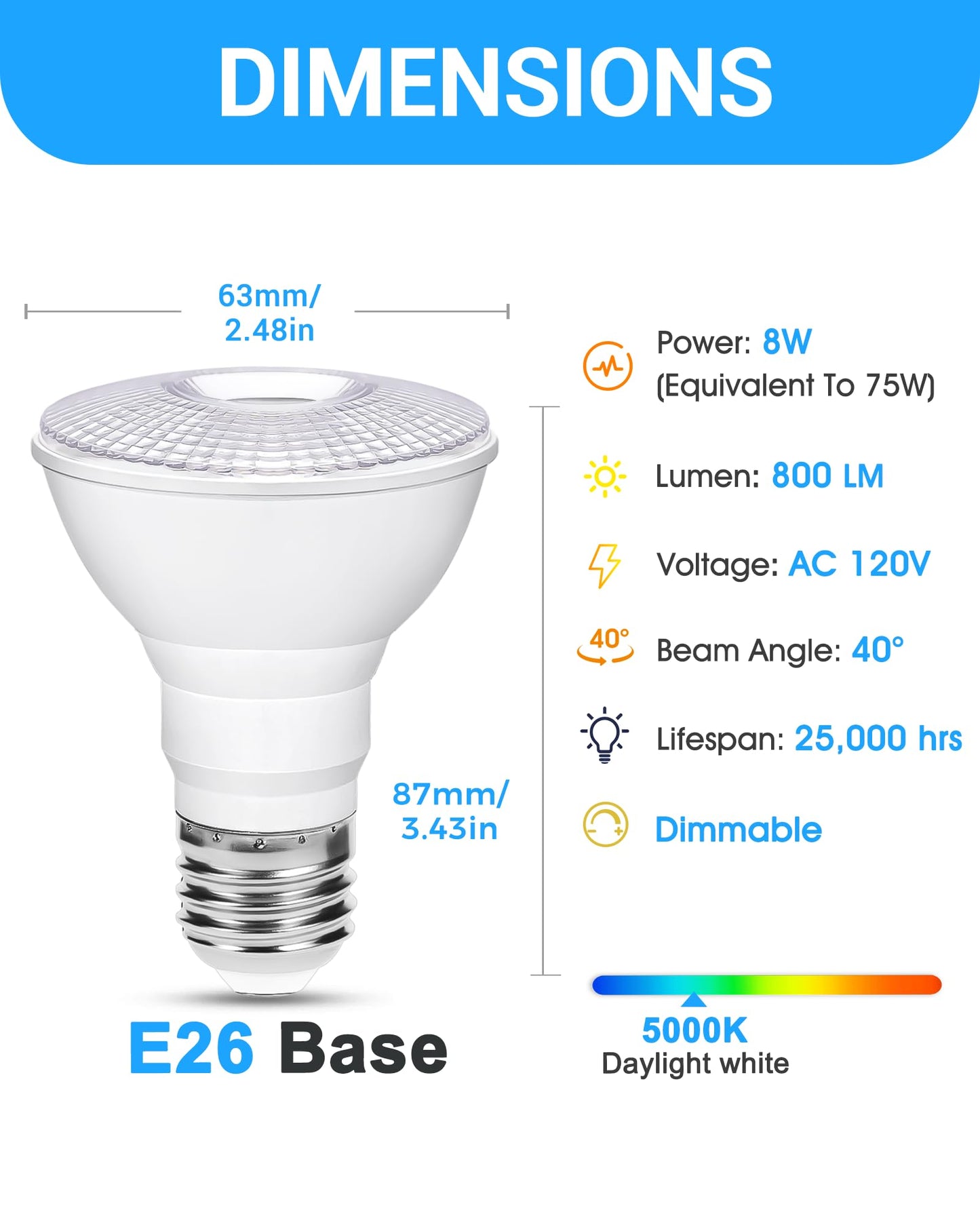 Flaspar PAR20 LED Flood Light Bulb 5000K Daylight White Dimmable Outdoor, 75W Equivalent 8W PAR20 Bulbs, E26 Medium Base, 60° Beam Reflector Flood Lights for Porch Lights, Patio, Garden, 2 Pack