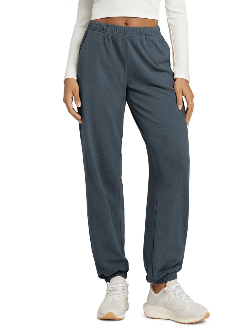 ODODOS Women's Brushed Fleece Jogger Sweatpants – Cozy Warm Adjustable High-Rise Relaxed Lounge Pants with Pockets, Dark Blue Heather, Medium