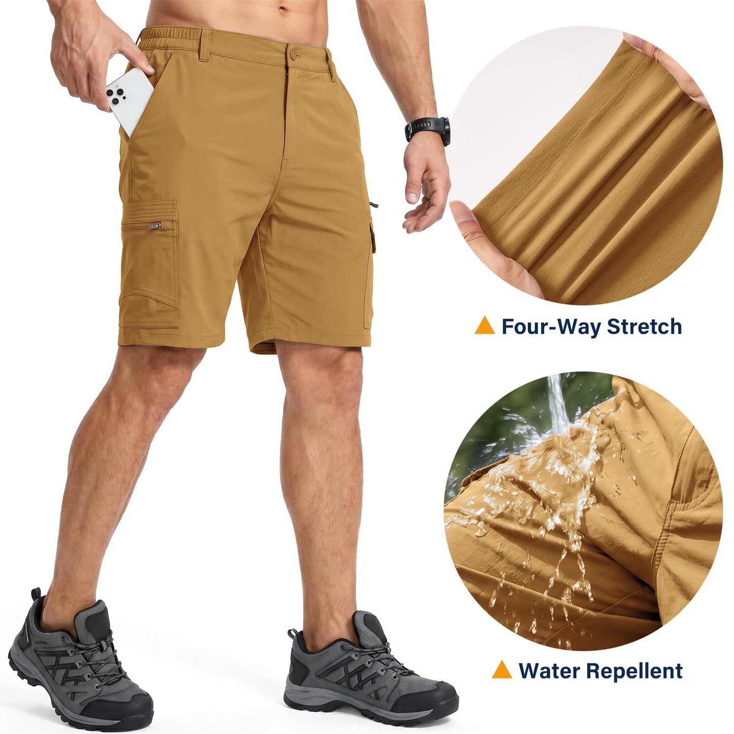 Jessie Kidden Mens Outdoor Casual Expandable Waist Lightweight Water Resistant Quick Dry Fishing Hiking Shorts (6222 Yellow Brown 34)