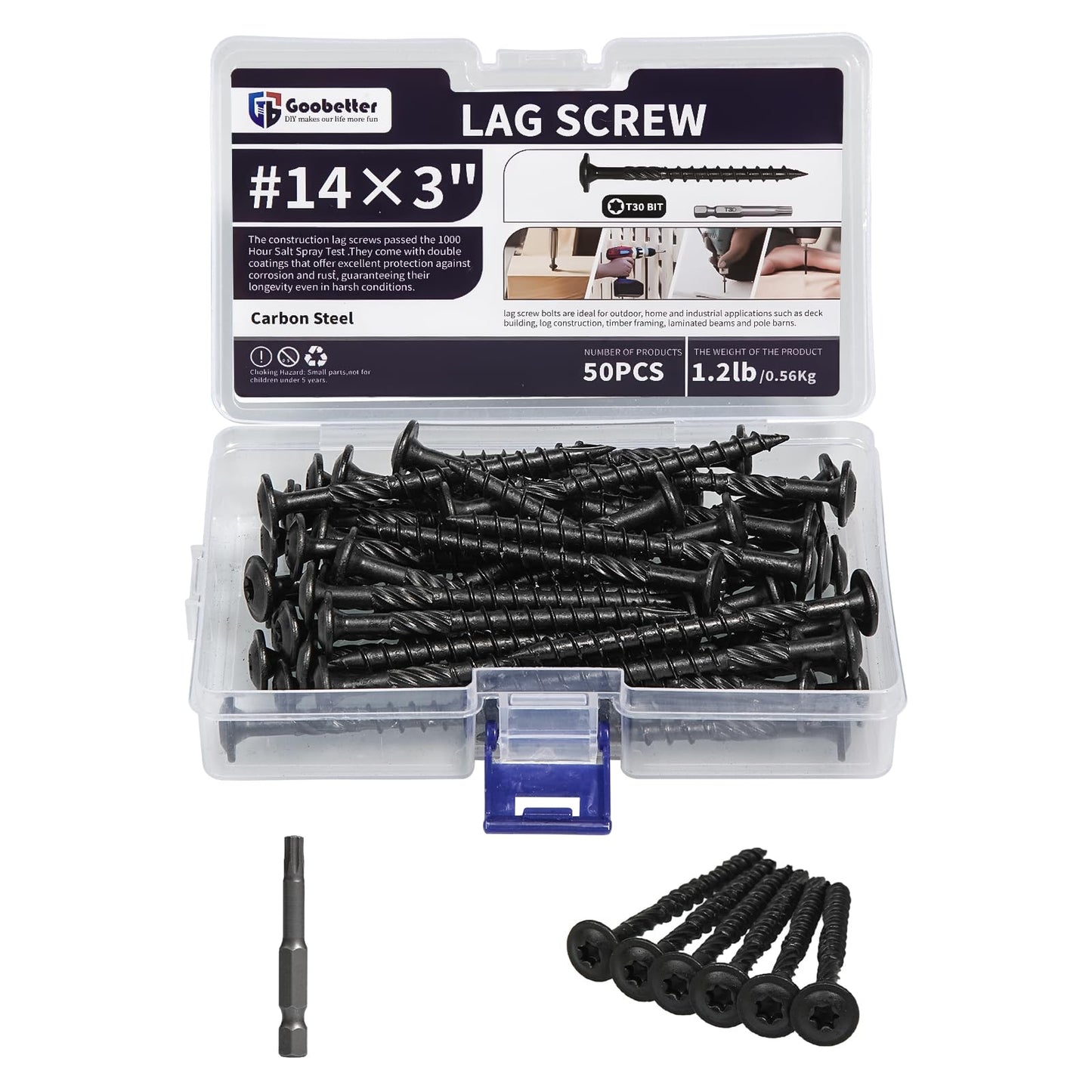 Lag Screws 3 Inch, 50PCS Heavy Duty Construction Screw, Structural Wood Screw #14 x 3, Rust Resistant, Washer Head, Black Coated Exterior Wood/Lag Screws Hex Socket Included