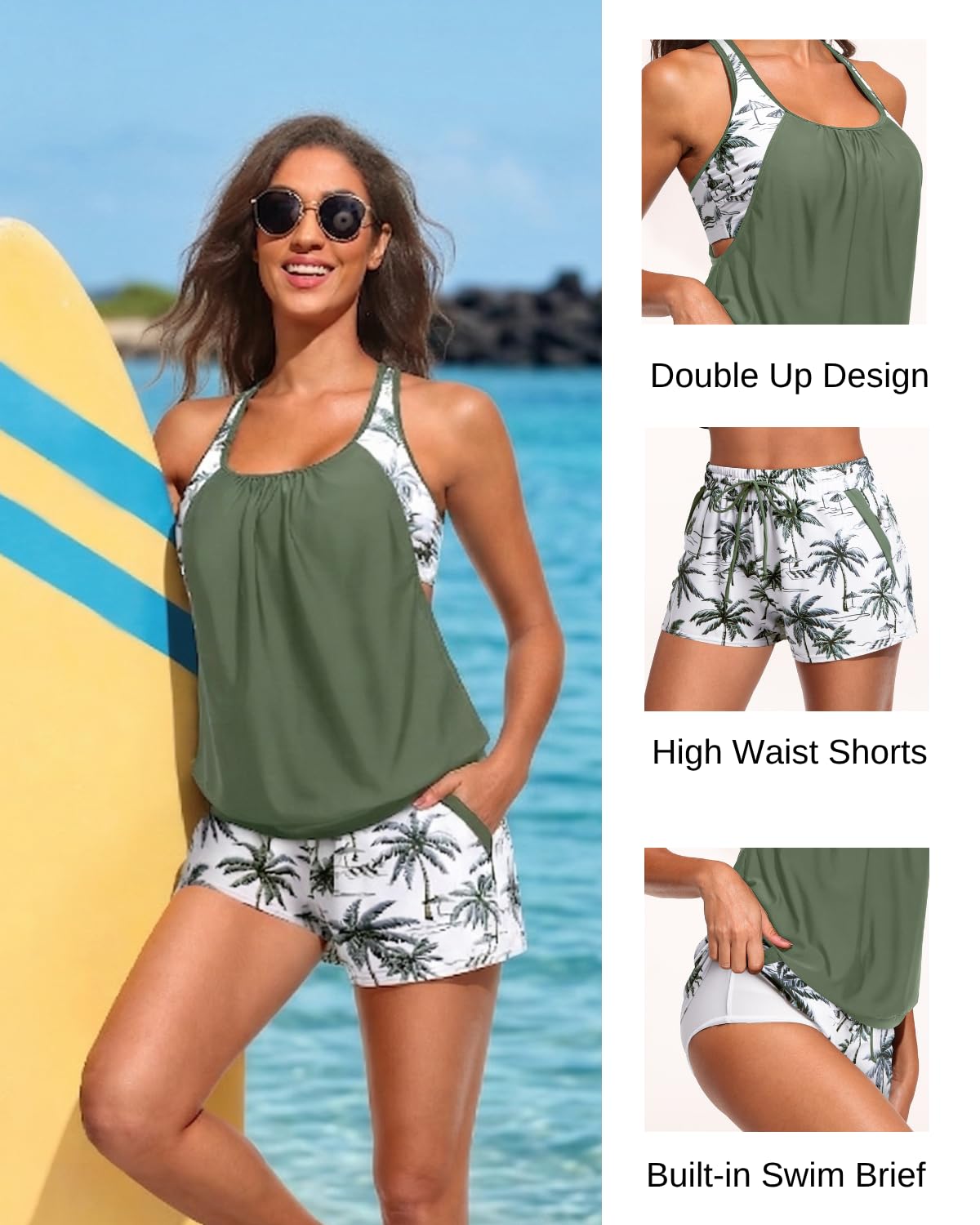 Womens 2 Piece Tankini Swimsuit Blouson Bathing Suit with Pockets Shorts