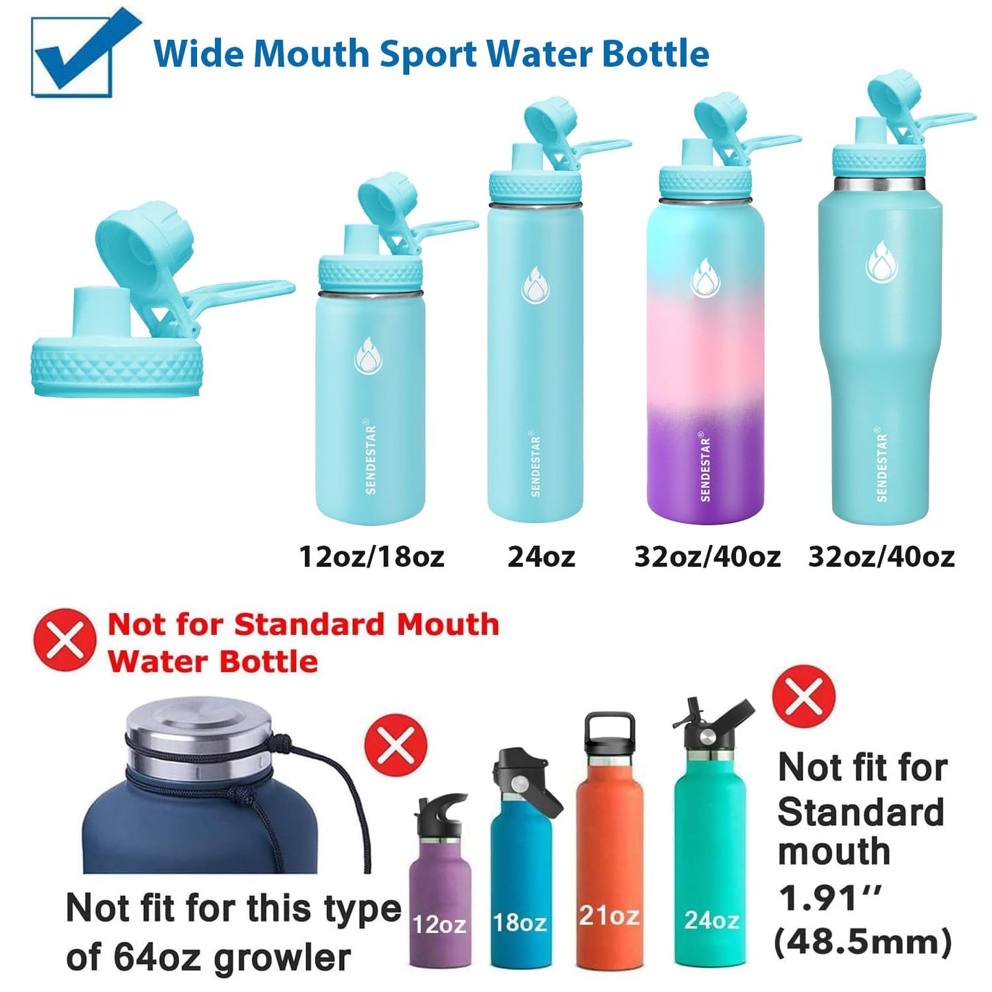 SENDESTAR Spout Lid for Hydroflask Wide Mouth Water Bottle Fits 18 oz 20 oz 32 oz 40 oz 73 oz,Chug Cap Flexible Handle Compatible, Takeya, Simple Modern, Wide Mouth Water Bottle