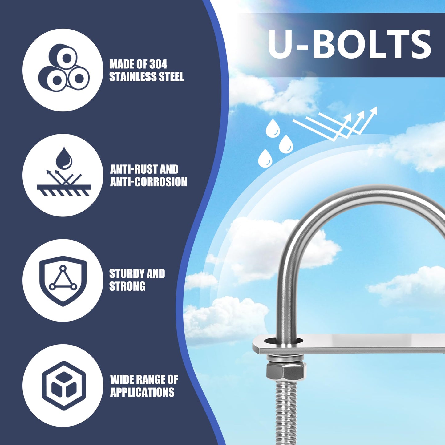 SRZTXU 4 Sets M6 U-Bolts,u-Bolts 1" (25mm) Wide,304 Stainless Steel u-Bolts,with Nuts,Bolt Plate and washers (4, M6 x 25mm x 70mm)