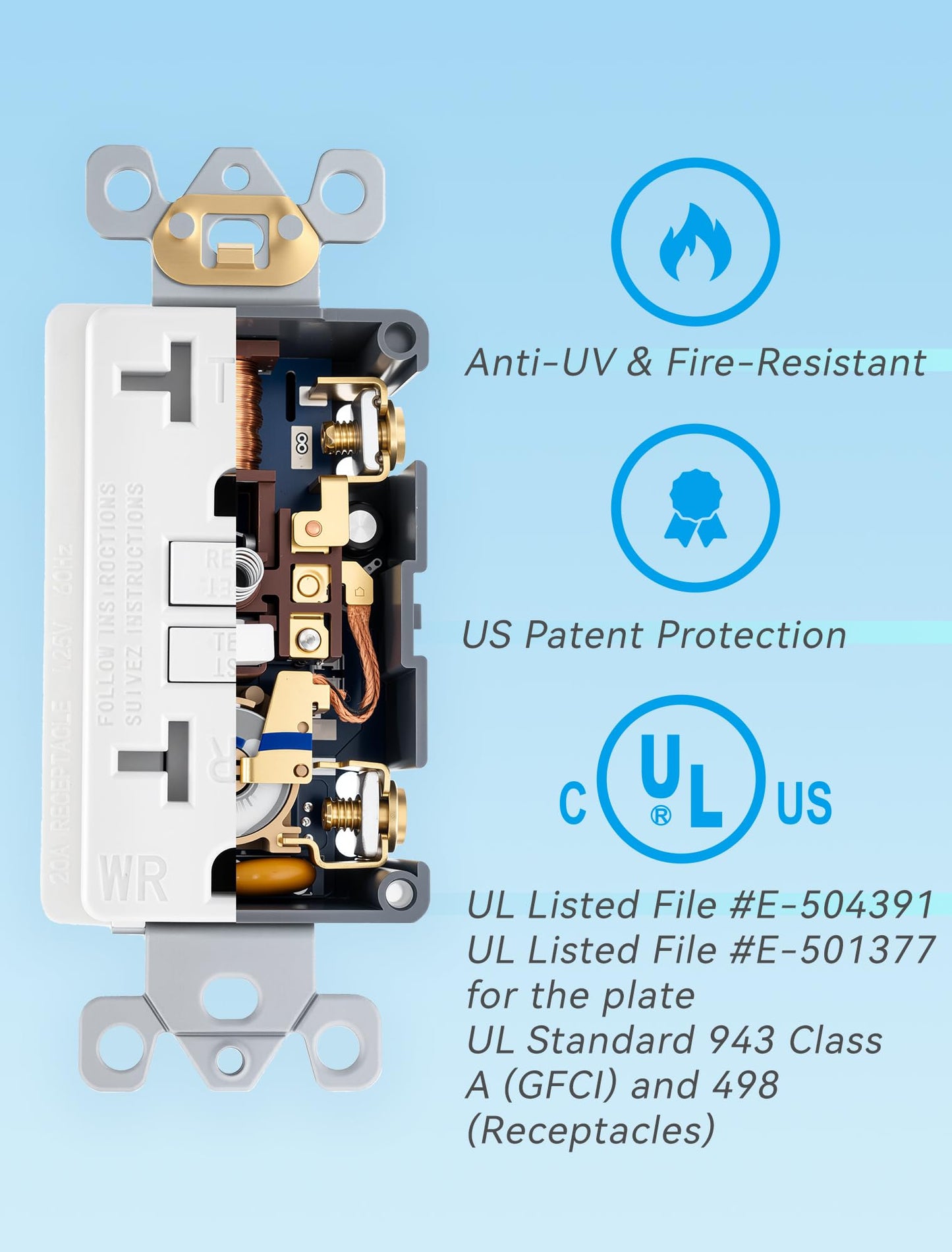 2-Pack 20 Amp GFI Electrical GFCI Outlet Self-Test Tamper Resistant (TR) Weather Resistant (WR) Ground Fault Receptacle with LED Indicator UL Listed Standard Wall Plate Included White