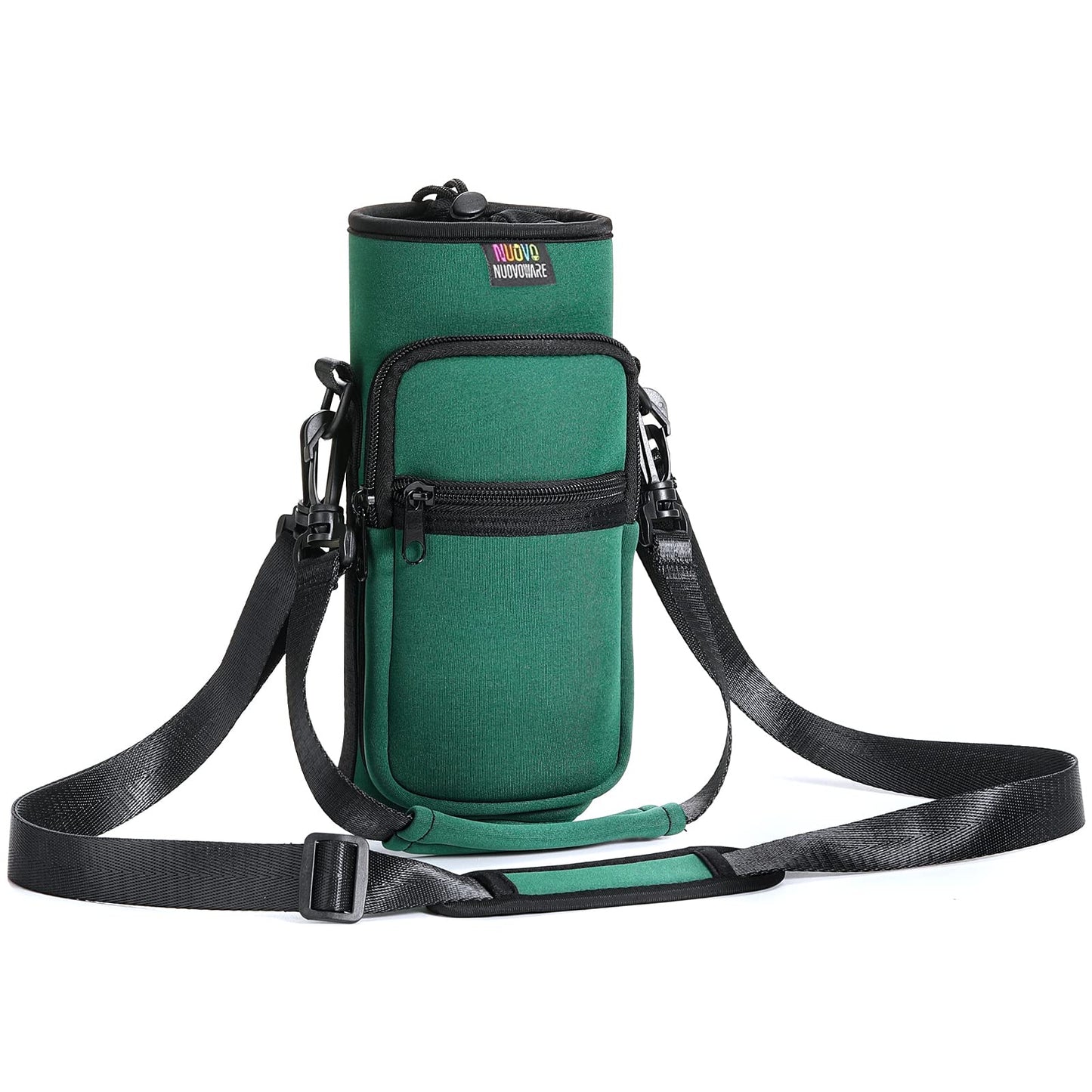 Nuovoware Water Bottle Carrier Bag, 64oz Pouch Holder, Adjustable Shoulder Hand Strap 2 Pocket Sling Neoprene Sleeve Sports Water Bottle Bag for Men Women Hiking Travel, Dark Green