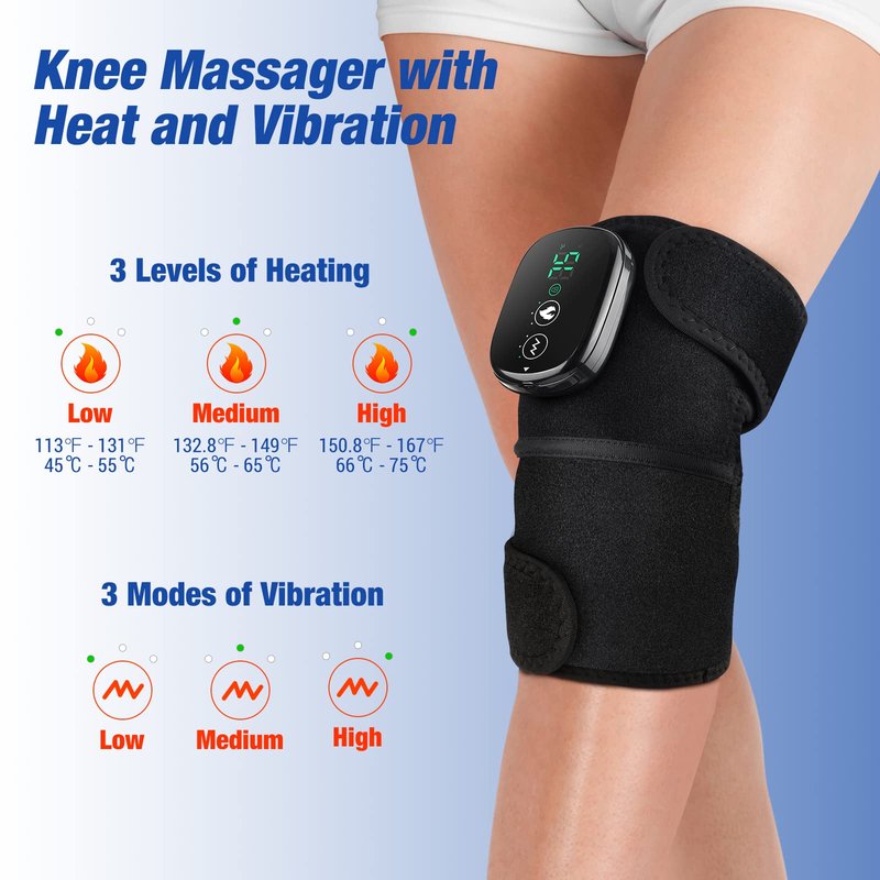 FSA Eligible Knee Massager with Heat and Vibration, Knee Heating Pad for Arthritis with Massage, Heated Knee Brace Wrap Black