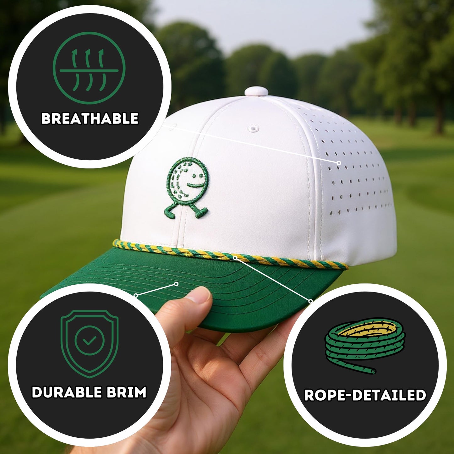 HahaHome Funny Golf Hat, Walking Golf Ball Rope Hat - Fun Golf Hat with White & Green Snapback Golf Cap - Embroidered Logo, Breathable Perforated Sides, Water Resistant Coating, Adjustable Fit