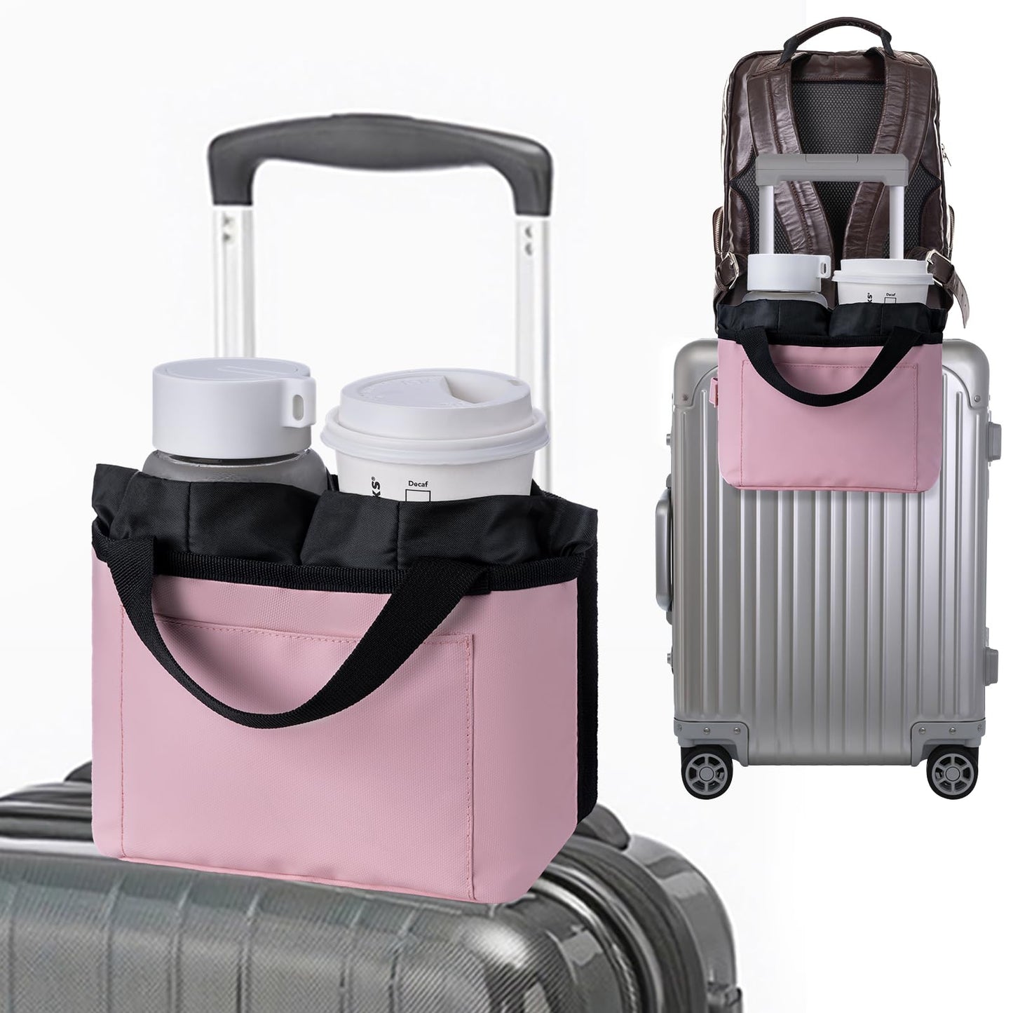 WIROTA Luggage Cup Holder - Multifunctional Travel Caddy - Fits Suitcase Handles, Also, as a Stroller & Automotive Cup Holder - Pink