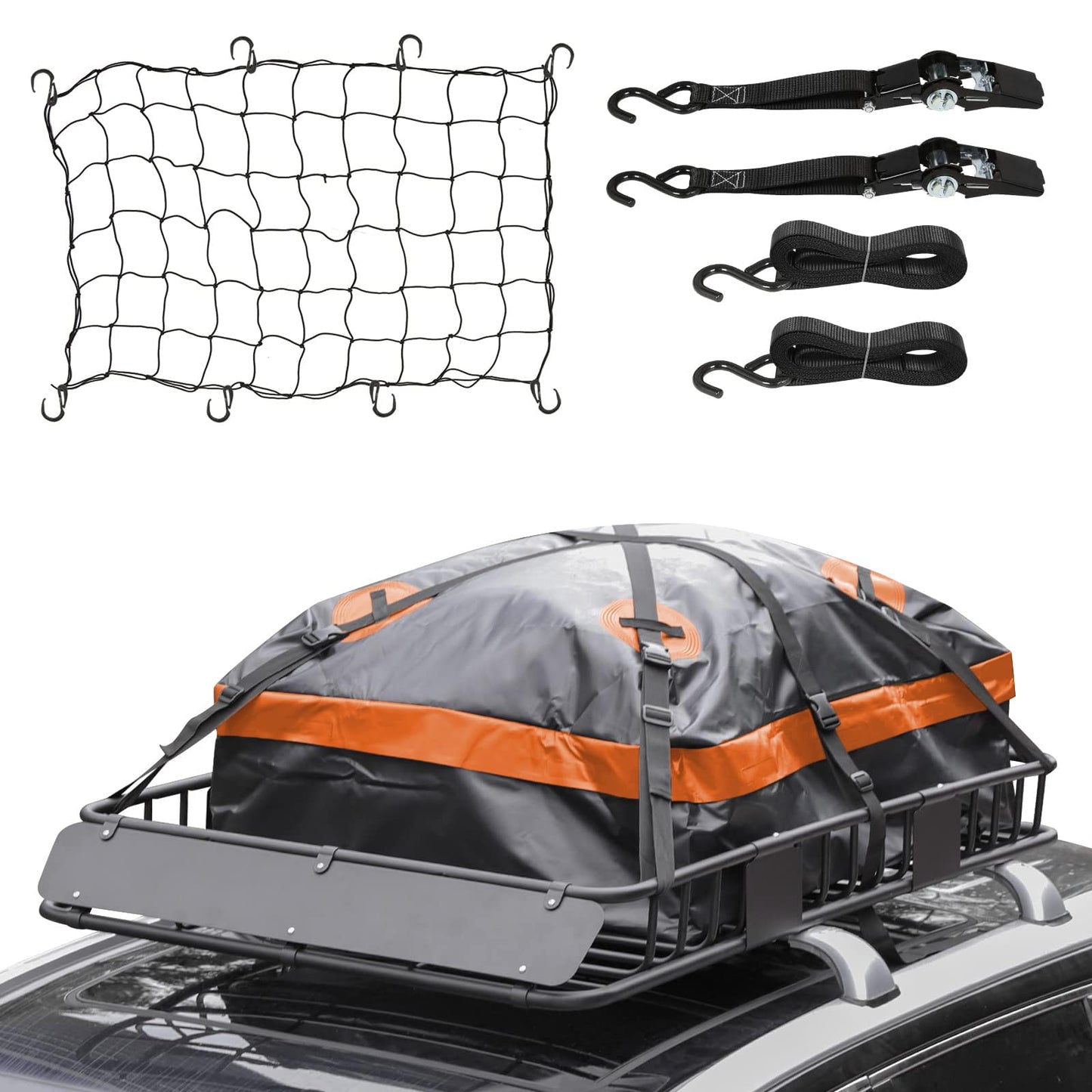 WEIZE 54" x 34" x 6" 200lb Heavy Duty Roof Rack Carrier Basket with Waterproof Bag, Cargo Net and Ratchet Straps, Universal Car Top Luggage Holder for SUV, Truck