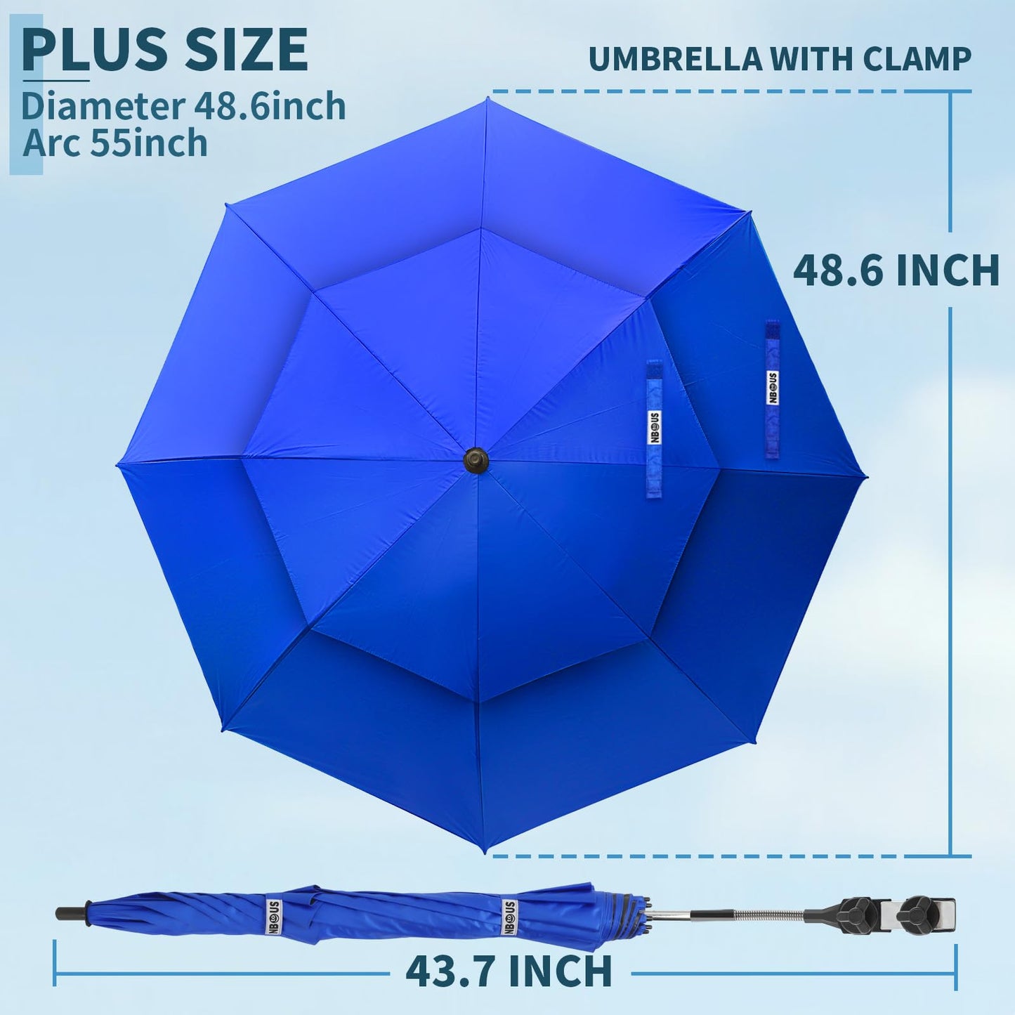 NBtoUS 2 Pack 48.6" Double Canopy Beach Umbrella with Clamp, UPF50+ Beach Chair Umbrella with clip, 360°Adjustable Portable Outdoor Wheelchair, Patio, Golf Carts,Camping(Not Include Chair)