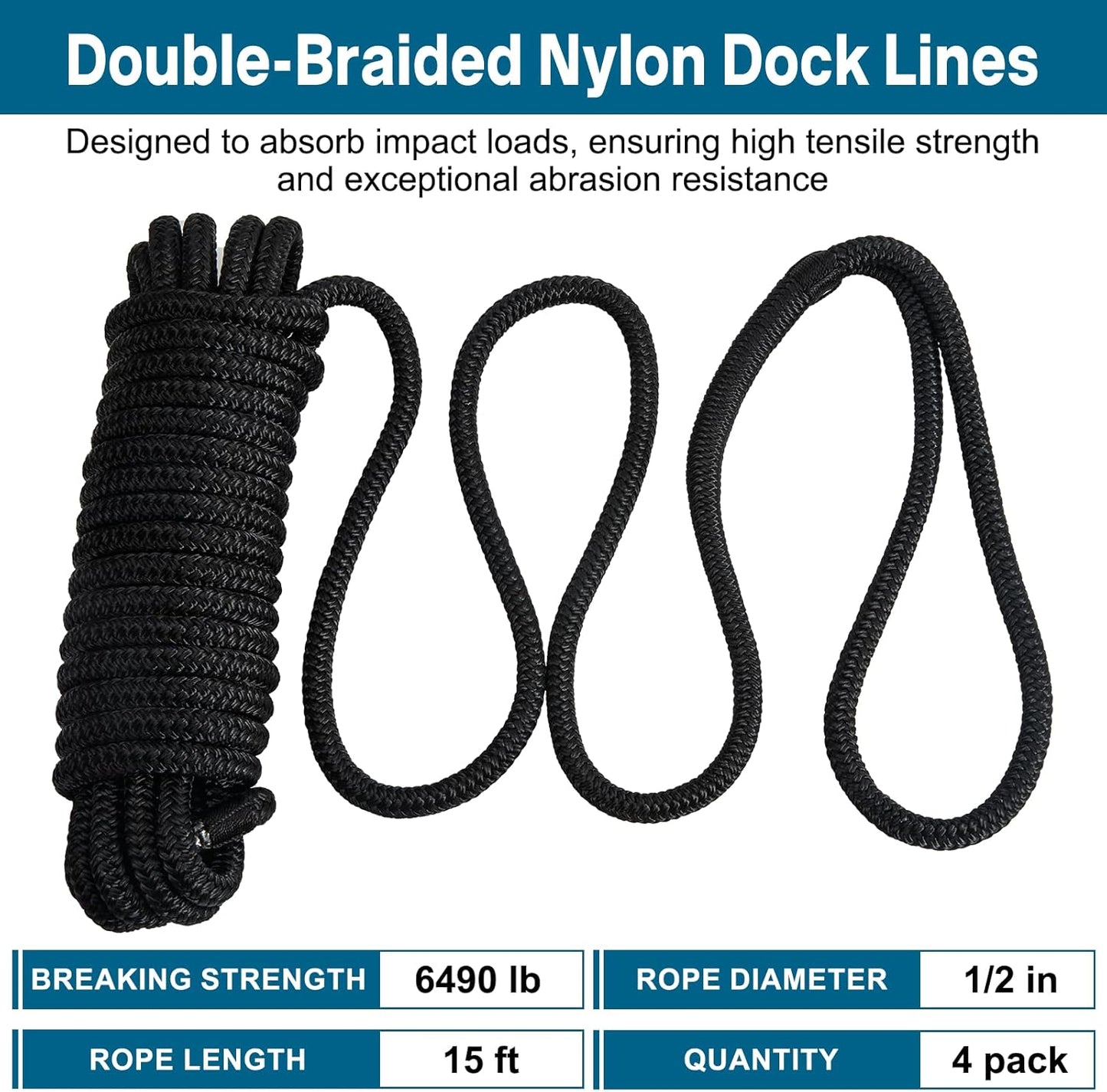 Premium Marine-Grade Dock Lines by [Brand Name] | 4 Pack 1/2" x 15’ Double Braided Nylon with 12" Eyelet - Black