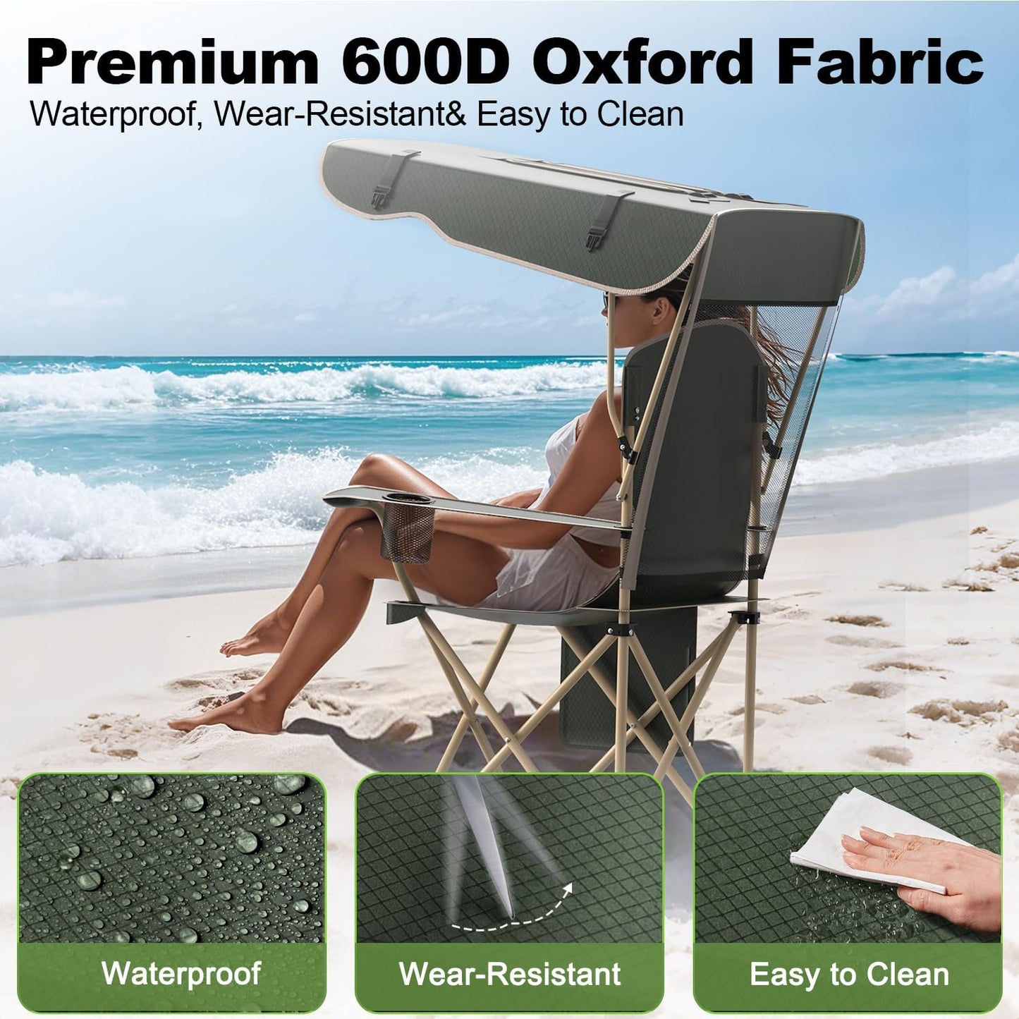 VTOY Portable Camping Chair - Durable 600D Oxford Folding Chair with Canopy for Outdoor Activities