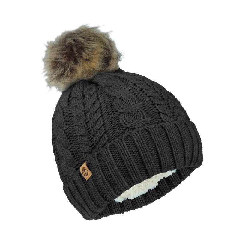 Timberland Women’s Cable Knit Faux Fur Pom Beanie - Soft Winter Hat, Ribbed Cuff, Warm Lining, Stylish Cozy Cold Weather Wear, Black, One Size