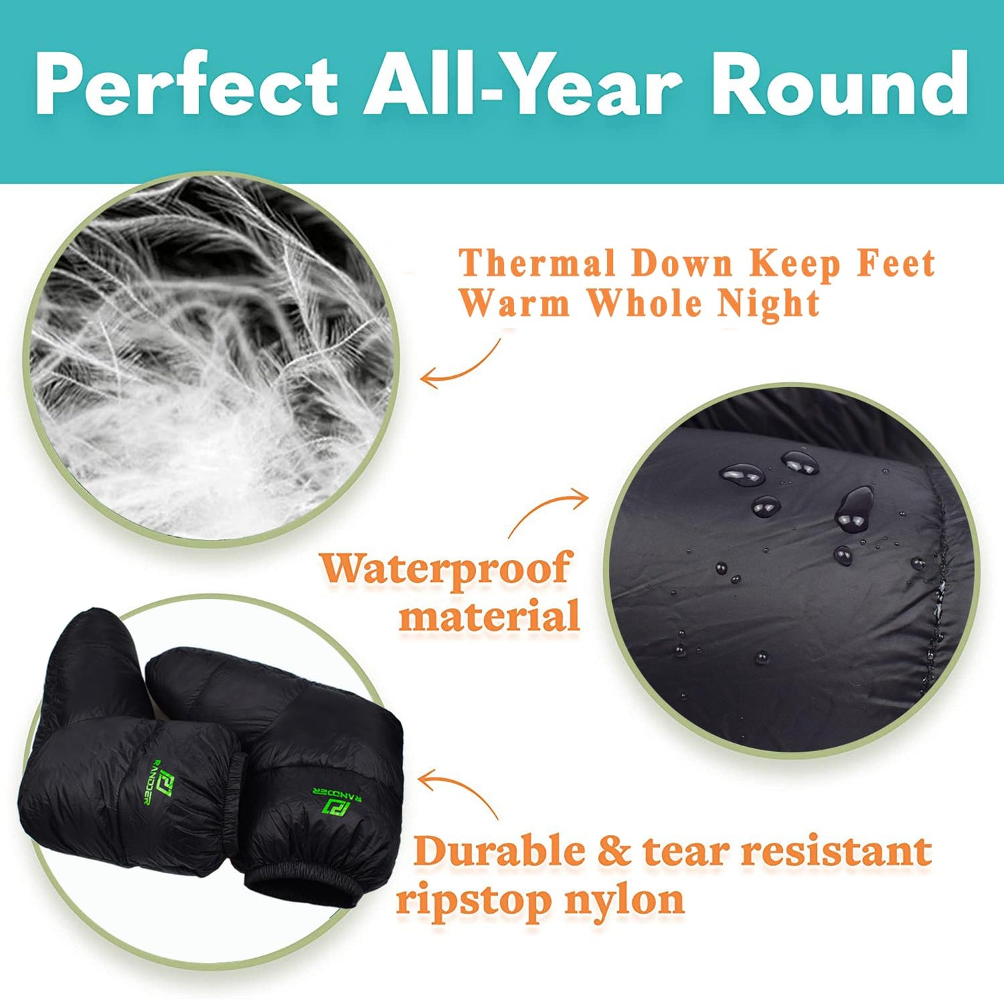 RANDDER Down Booties Warm Socks for Men & Women - Ultralight Sleeping Sock for Camp, Backpacking - Soft & Cozy Camping Sleeping Bag Tent Down Slippers Foot Warmer (Black, Small)