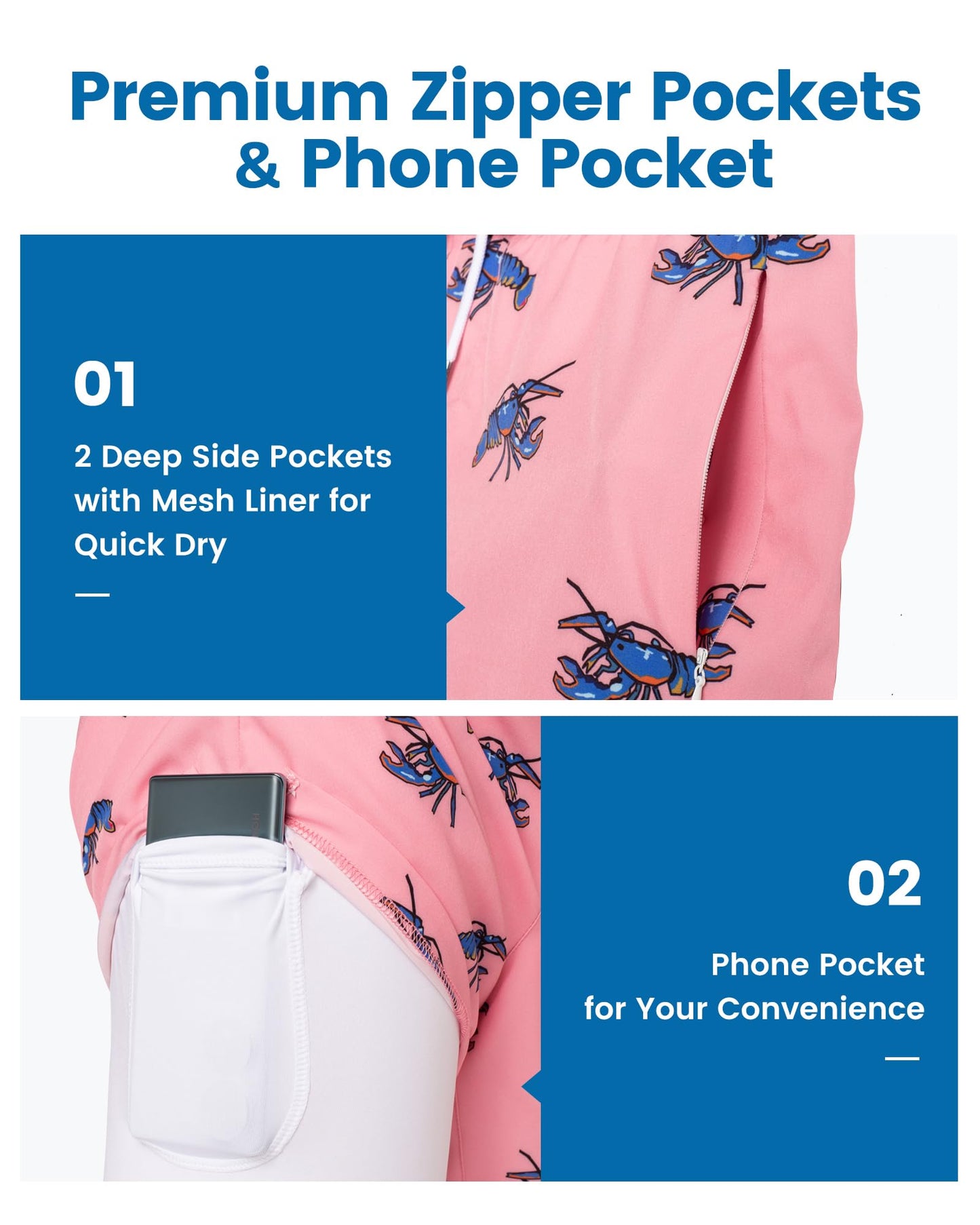 maamgic Mens Swim Trunks with Compression Liner 5 Inch, Quick Dry Bathing Suit with Zipper Pockets, Stretch No-Chafing Swim Shorts, Pink-Blue Crayfish Medium