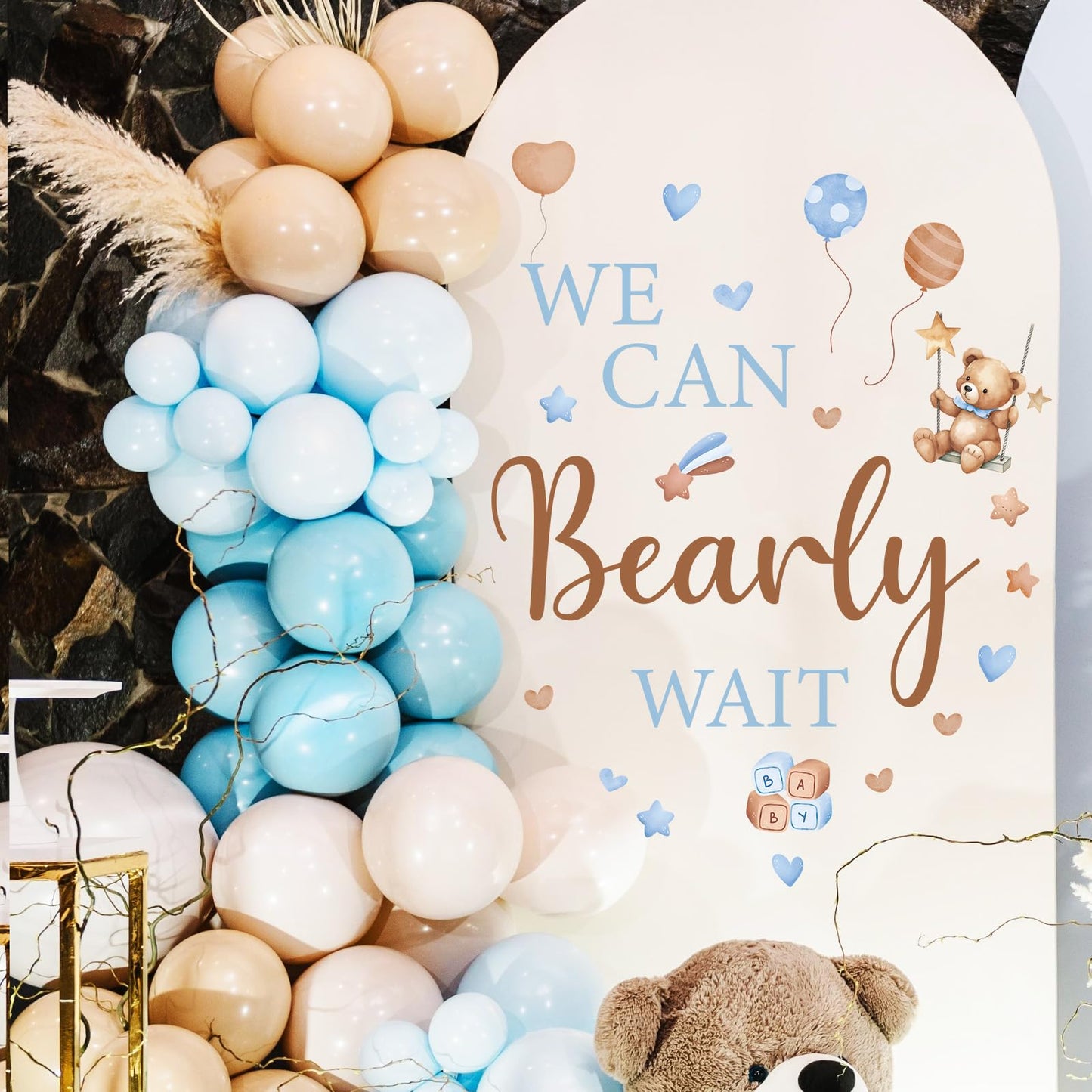 Wxiben Bearly Wait Wall Decal - Bear Sign Welcome Baby Shower Decorations, Removable Sticker for Balloon Arch Backdrop Decor, Gender Reveal Pregnancy Party Supplies