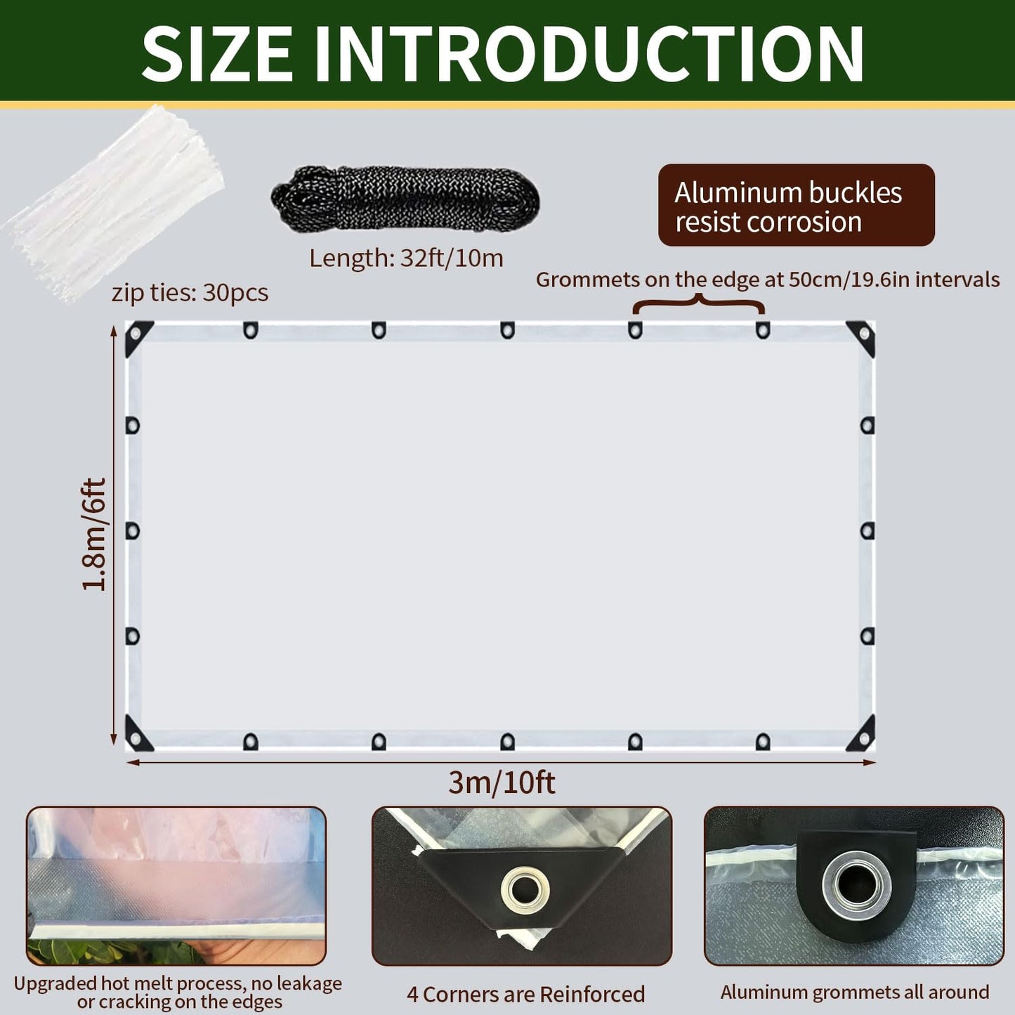 Clear Tarps Heavy Duty Waterproof, 6x10ft Upgraded Edge Heat Fused Tear Resistant,Clear Tarps with Grommetsfor Patio Fencing,Rain, Wind, Cold, Chicken Coops,and More（Windproof Rope and Tie-Downs）