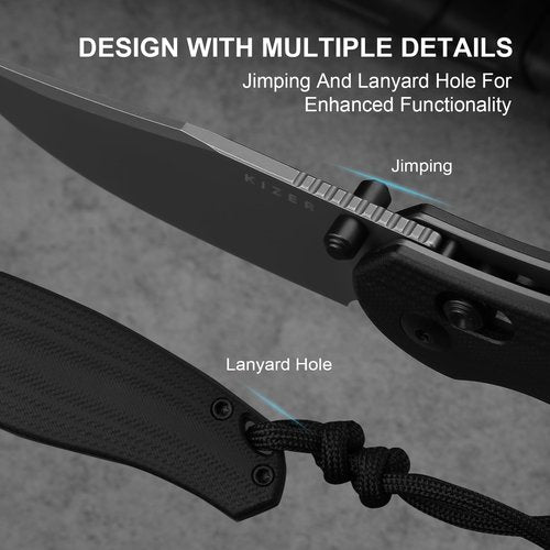 Kizer Phoca CC Pocket Knife, 2.93" Clip Point Gray Stonewashed D2 Blade Folding Knives with Black G10 Handle, Thumb Stud Opener & Clutch Lock EDC knife for Men Women V3780M2
