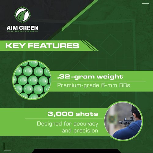 Aim Green Tracer Biodegradable Airsoft BBs - Glow-in-The-Dark, 3,000 Count, .20/.25/.32 Grams