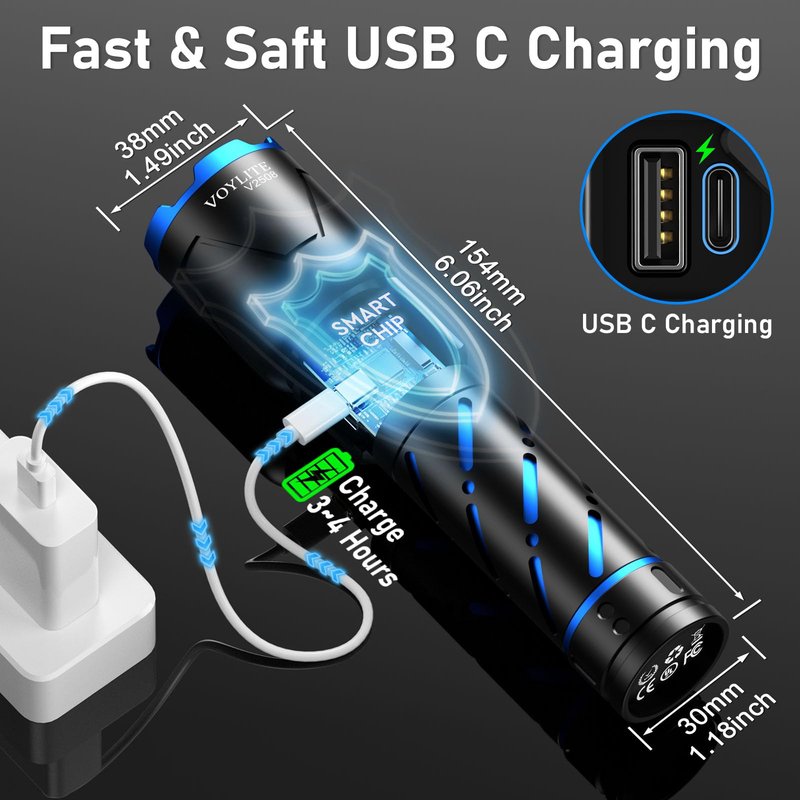 Voylite Rechargeable Flashlights High Lumens - 100000 LM, 5000mAh Battery with LCD Display, 3 Modes, Zoomable & IP67 Waterproof - for Camping, Dog Walking, Emergencies