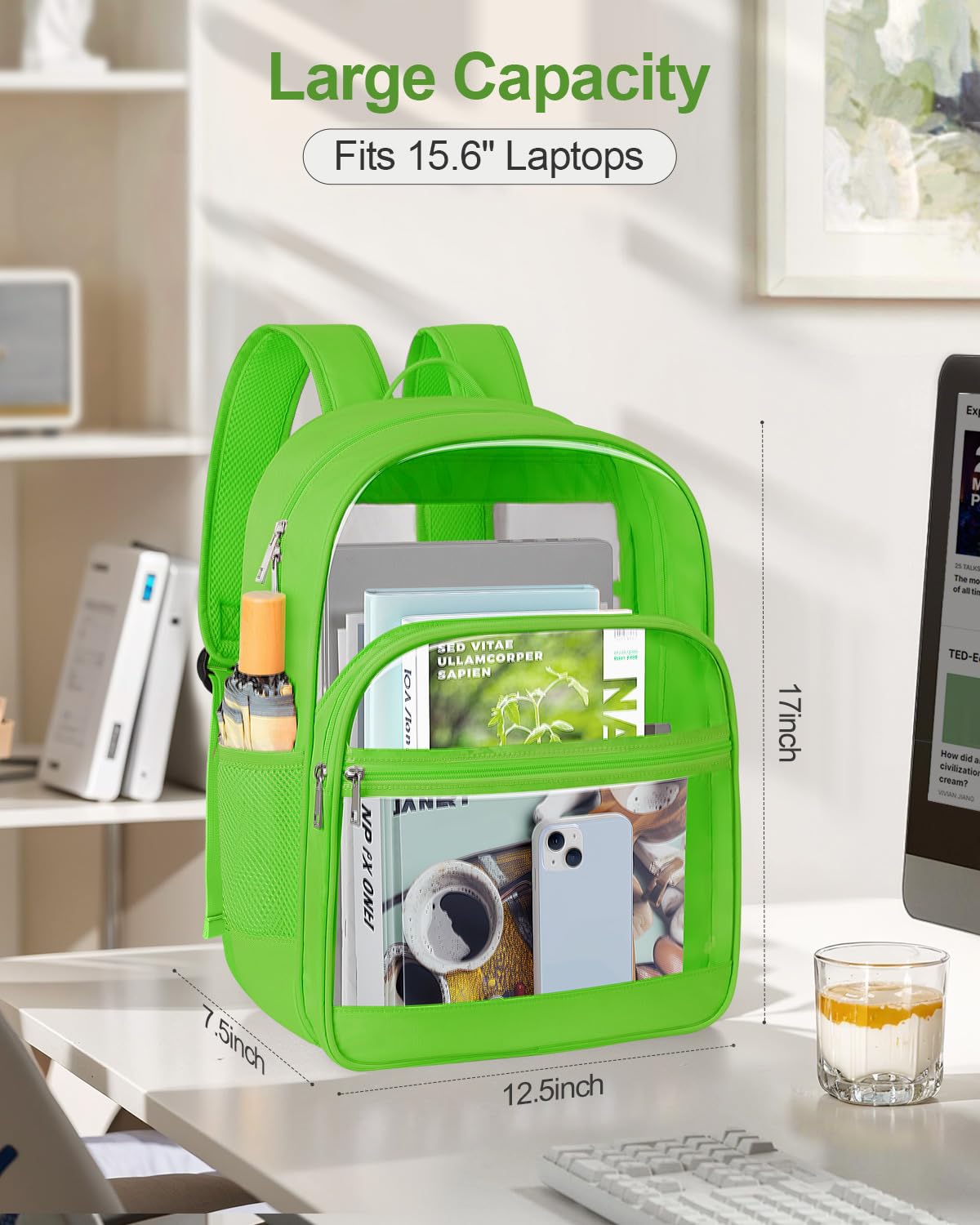 KIMNERPU Clear Backpack, Heavy Duty Transparent Bookbag for School, Fabric & PVC Transparent Backpack with Reinforced Strap for Women Men, Capacity Clear Bag for College, Travel, Security, Green