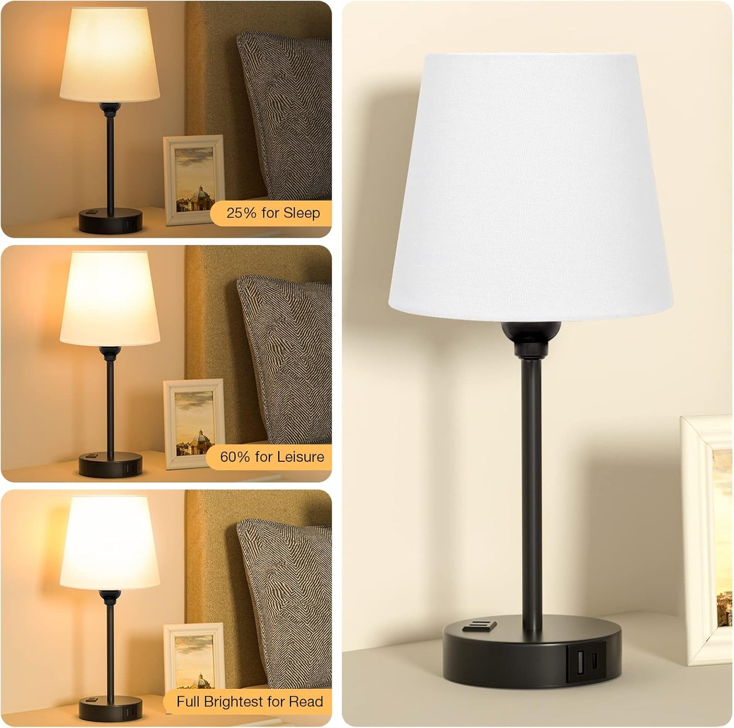 Set of 2 Mini Bedside Lamps with USB-C & AC Outlet - Dimmable Touch Nightstand Lights for Bedrooms
