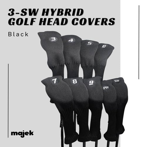 Majek All Hybrid Golf Club Black Sleek Tight Fit Headcover Set 3-SW Acrylic Head Covers 3 4 5 6 7 8 9 PW SW (Total of 9 Hybrid Head cover Set)