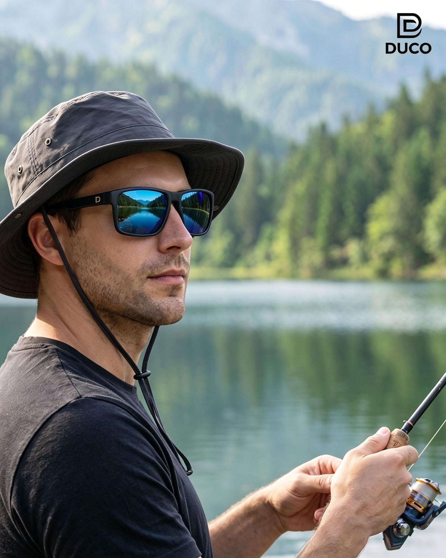 DUCO Polarized Sunglasses for Men and Women Retro Square UV400 Protection Lightweight Frame Driving Sun Glasses DC6288 (Matte Black Frame Revo Blue Lens)