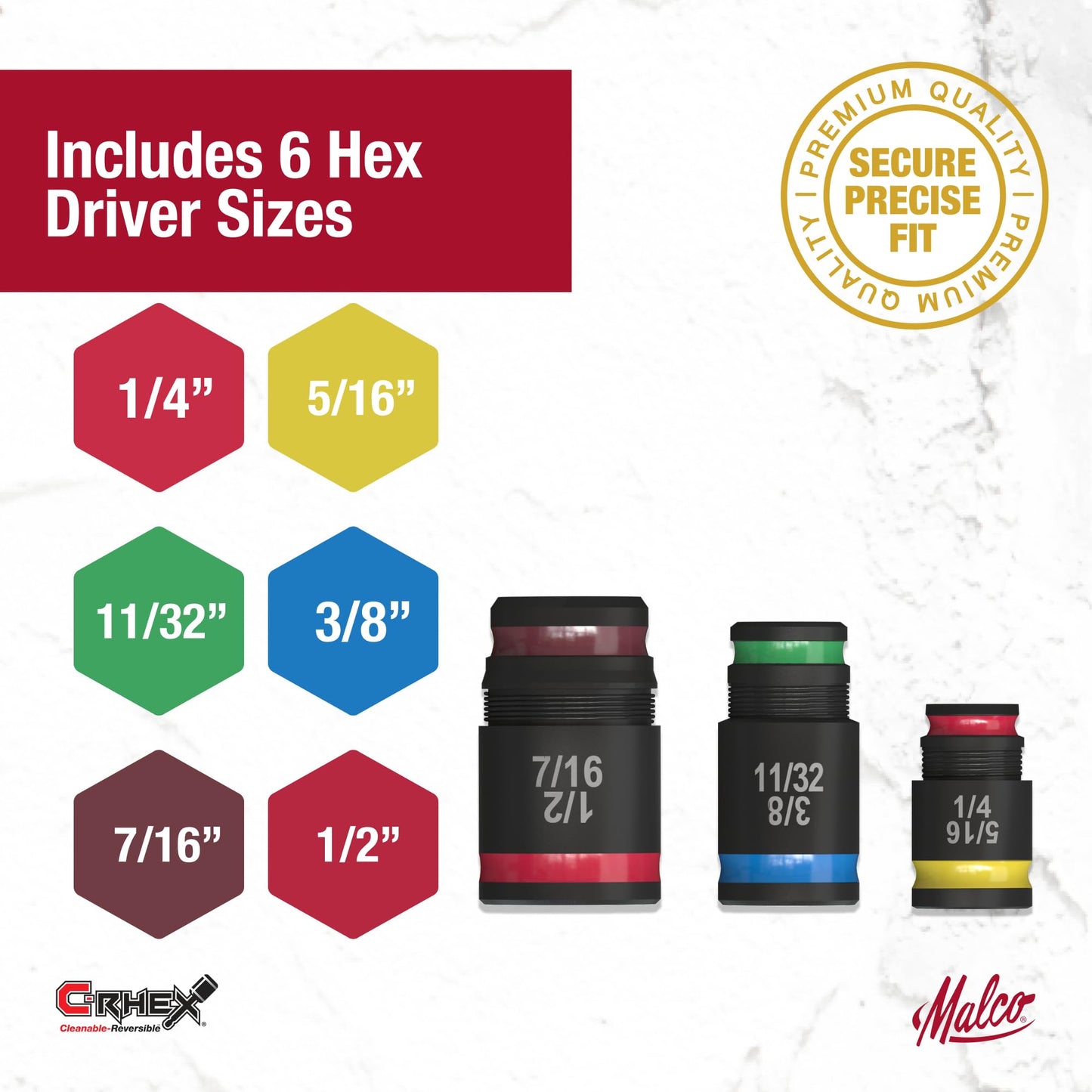 Malco 7-in-1 C-RHEX Flip Bit Socket Set with 3 cleanable, reversible, and stackable, color-coded sockets featuring an ultra-powerful magnet and a #2 Phillips integrated driver head. Impact Rated.