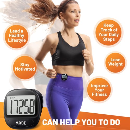 3D Pedometer for Walking Running Sports - Step Counter with Clip & Lanyard, Large LCD Display Accurate Fitness Tracker for Men Women Seniors Easy to Use-Black