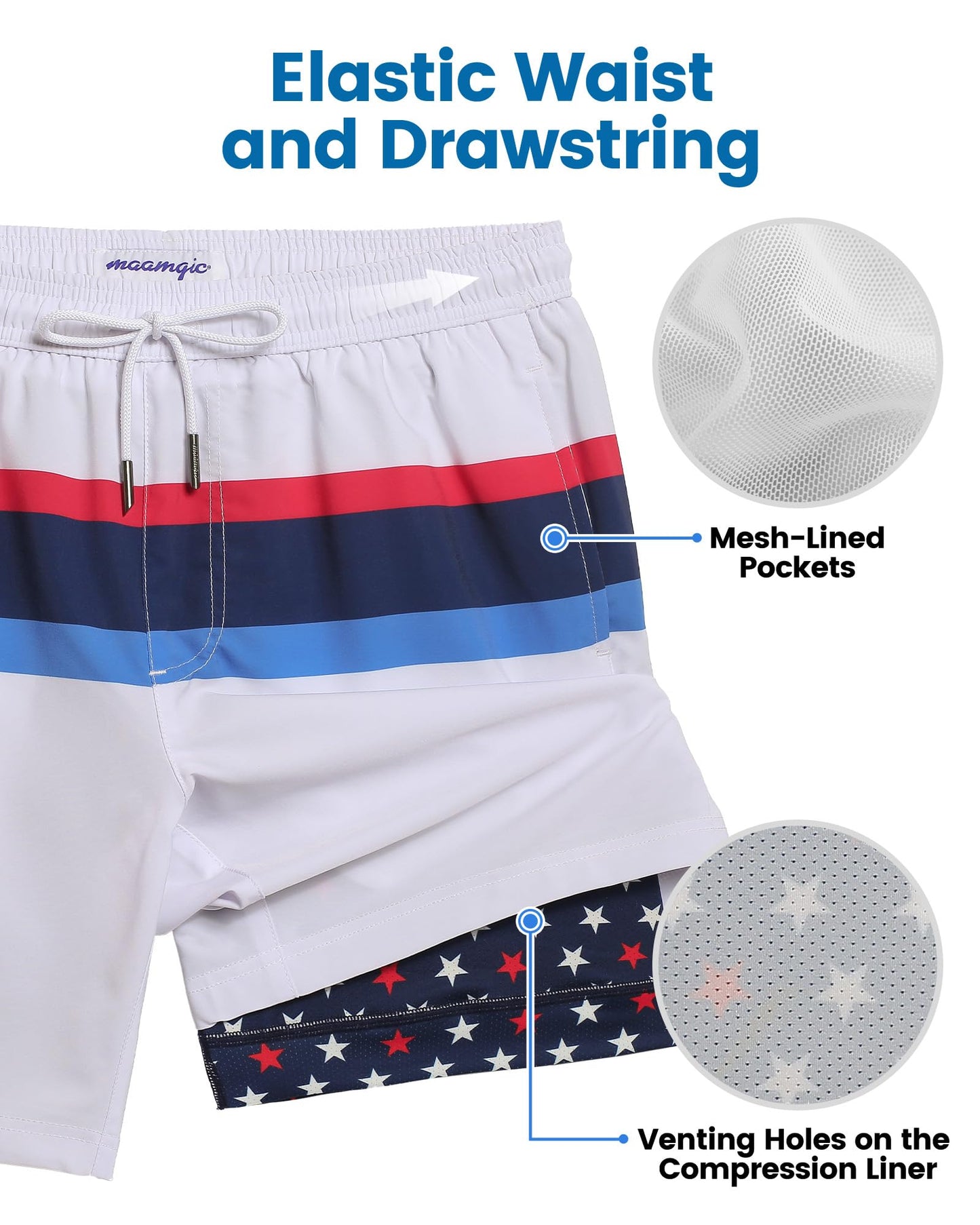 maamgic Mens Swim Trunks with Compression Liner 7 Inch Inseam Mens Bathing Suit Quick Dry Swimming Trunks Swimsuit Flag Stars and White Small