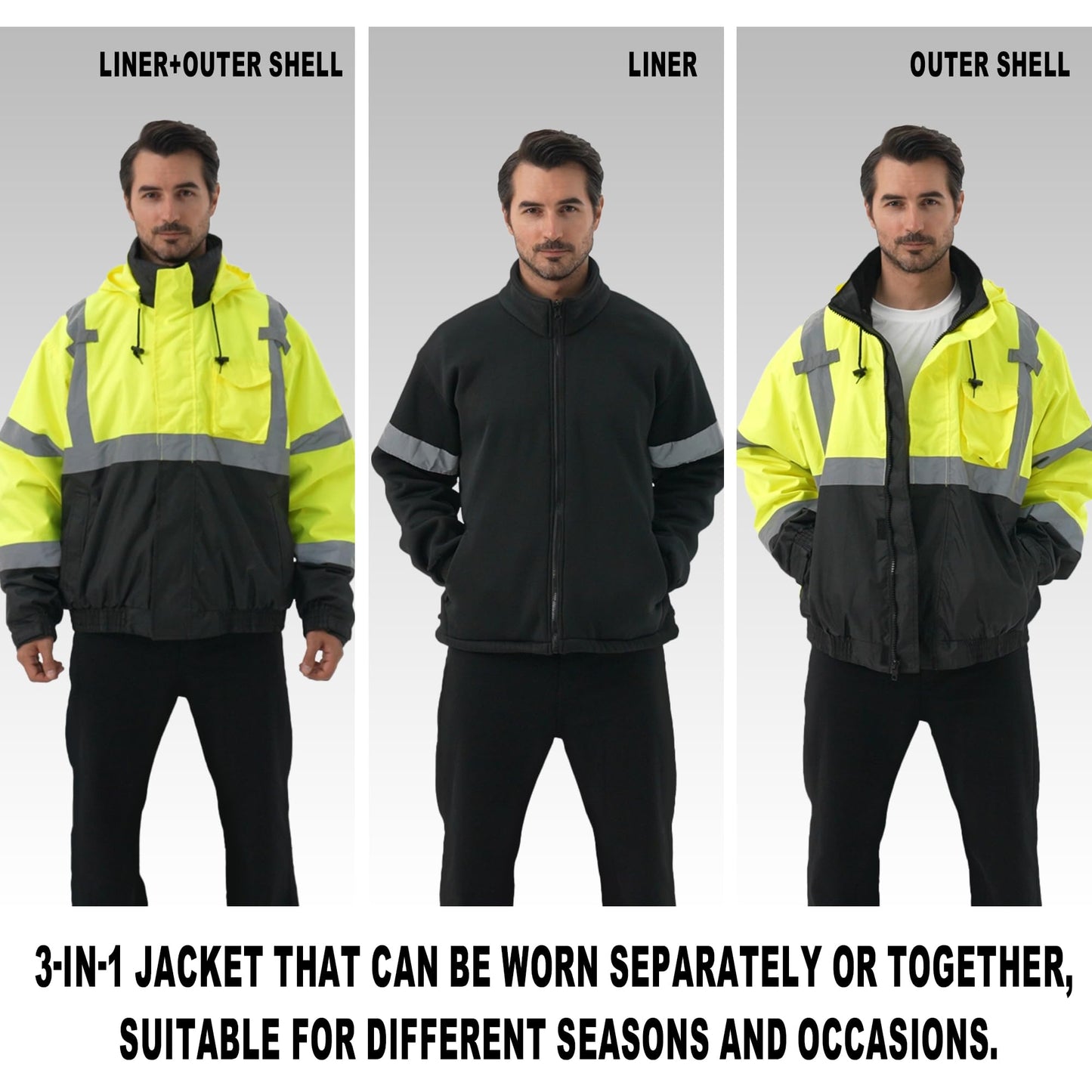 DPSAFETY 3 in 1 Safety jacket,Reflective high Visibility Hooded jacket,Hi Vis Bomber Jacket shell and fleece lining,Waterproof,ANSI Class 3 Black Bottom Lime,2XL