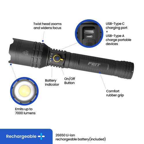 Feit Electric Flex Power Flashlight, 7000 Lumens Ultra-Bright LED, Rechargeable & AA Battery Compatible, Aircraft-Grade Aluminum, USB-C Charging, 3 Light Modes, Wet Rated Emergency Light, FLR7000/FLEX