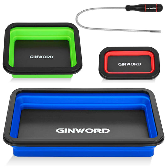 GINWORD 3Pcs Foldable Magnetic Partsn Trays Set with 3LBS Magnetic Pick-up Tool, 3 Size Silicone Magnetic Tool for Organizing Screws, Bolts, Nuts, Washers, Pins, and Other Small Metal Parts