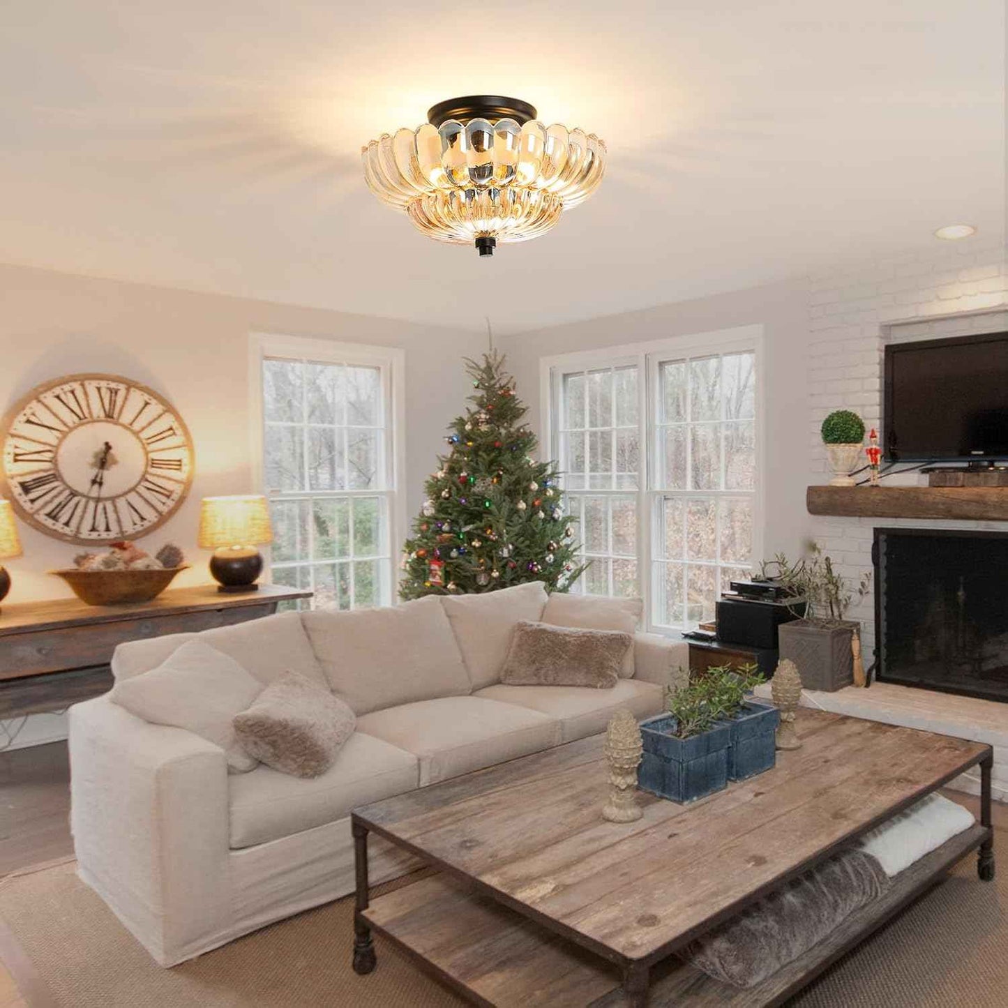 Modern Semi Flush Mount Ceiling Light Fixture with Brown Glass & Black Base - Ideal for Living Room, Kitchen, Bedroom, Hallway (Bulb Not Included)