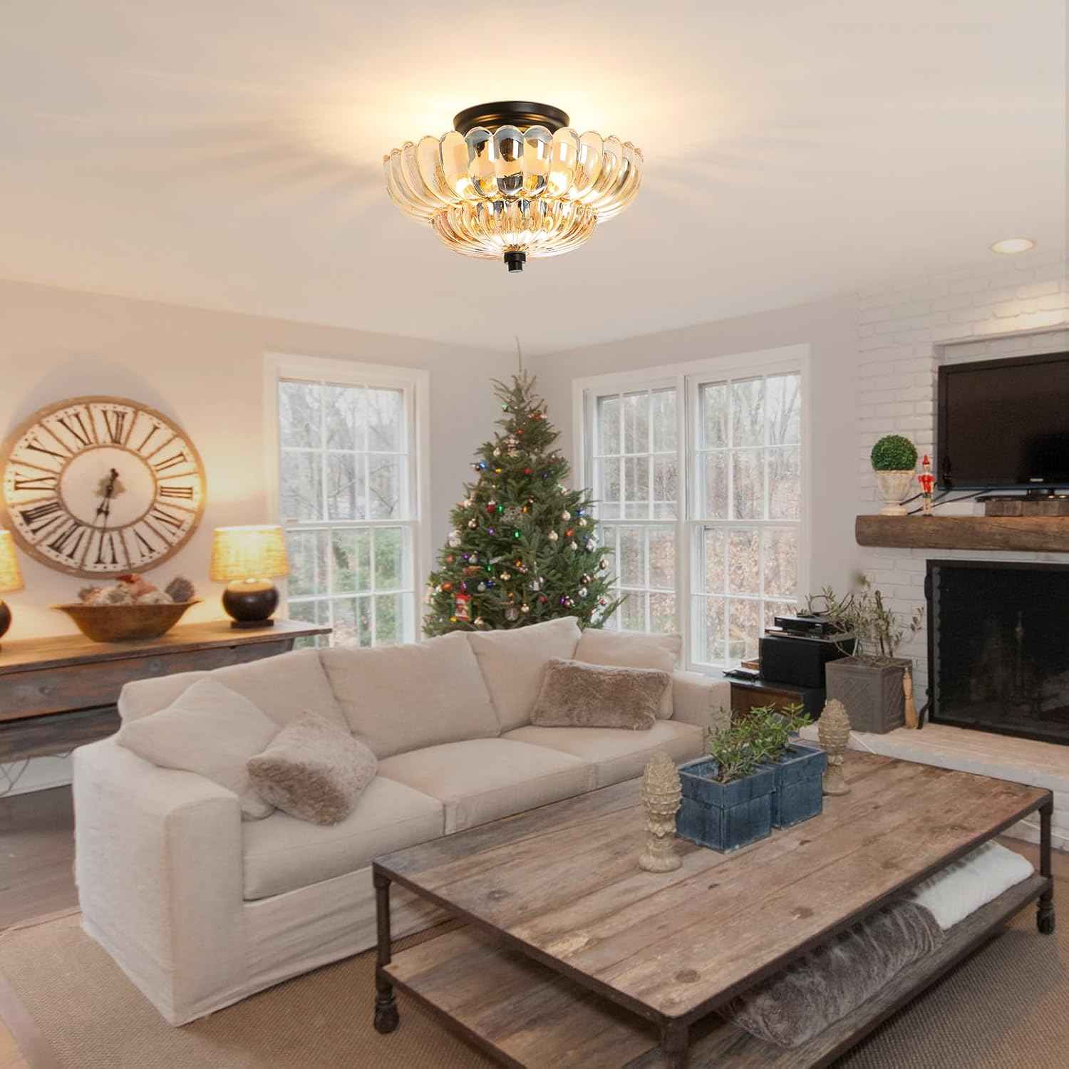 Modern Semi Flush Mount Ceiling Light Fixture with Brown Glass & Black Base - Ideal for Living Room, Kitchen, Bedroom, Hallway (Bulb Not Included)