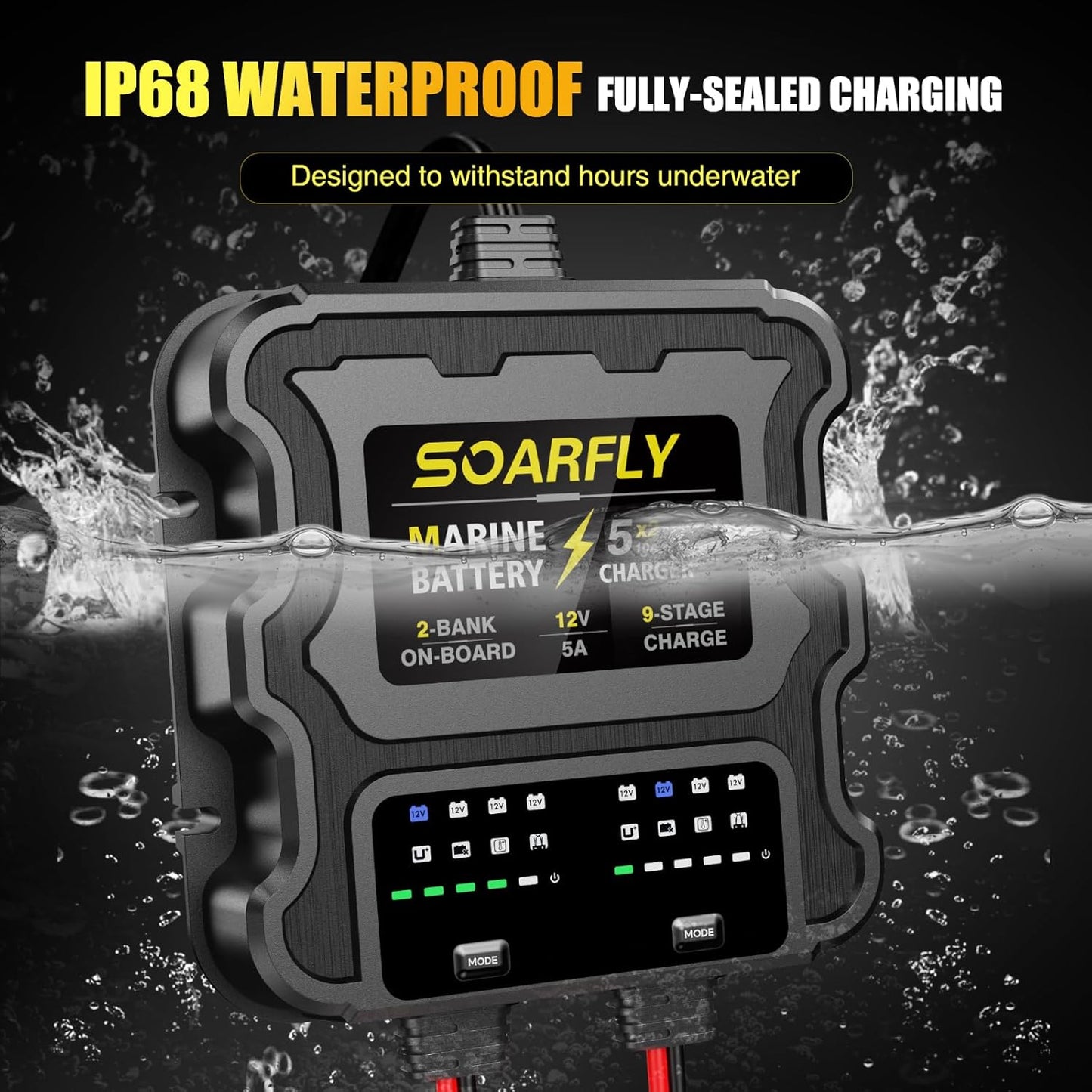 SOARFLY 12V Marine Battery Charger - 10A Waterproof Maintainer & Desulfator for SLA/AGM & Lithium Batteries